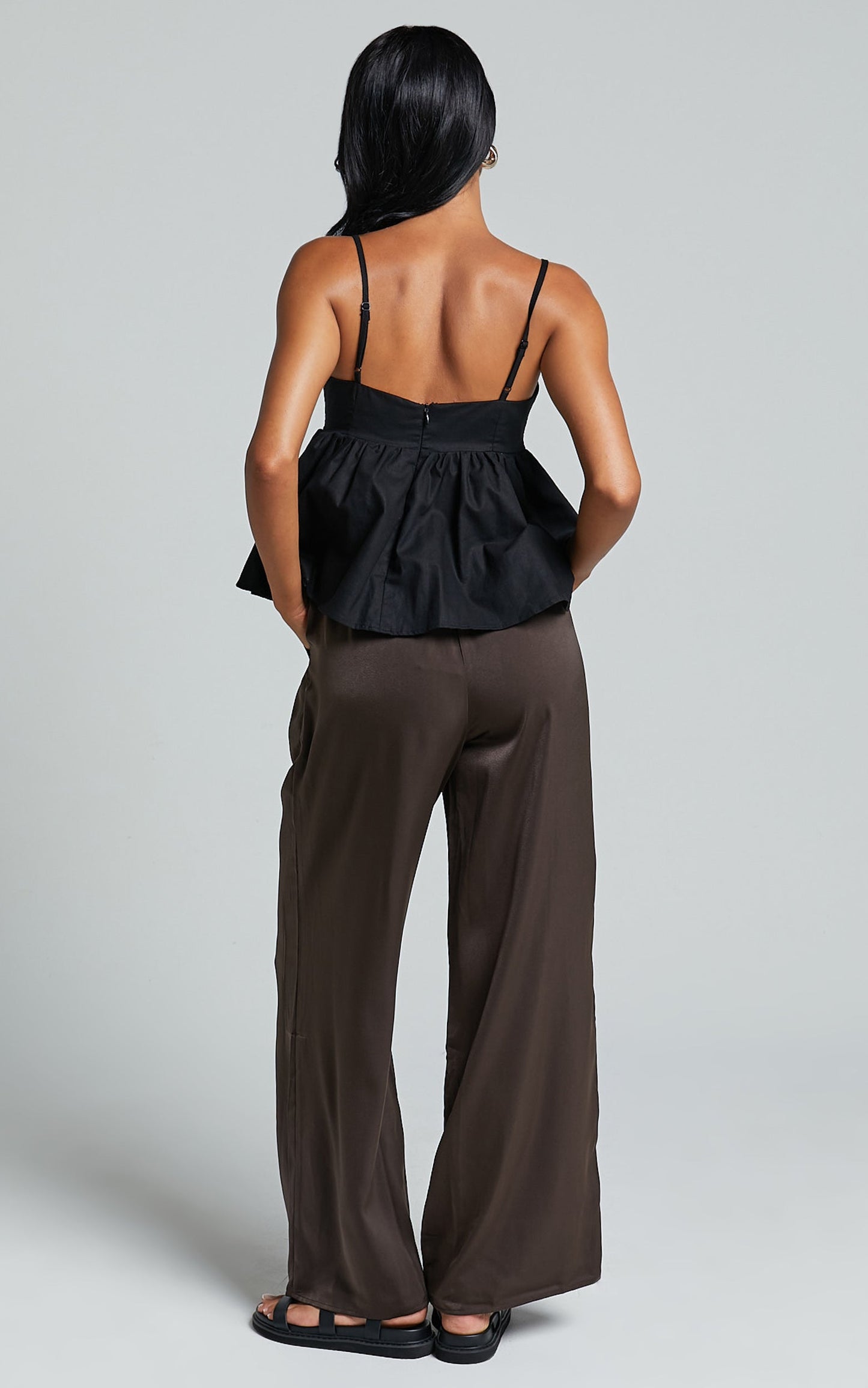 Carlynne Pants - Satin Relaxed Mid Rise Drawstring Pants in Chocolate
