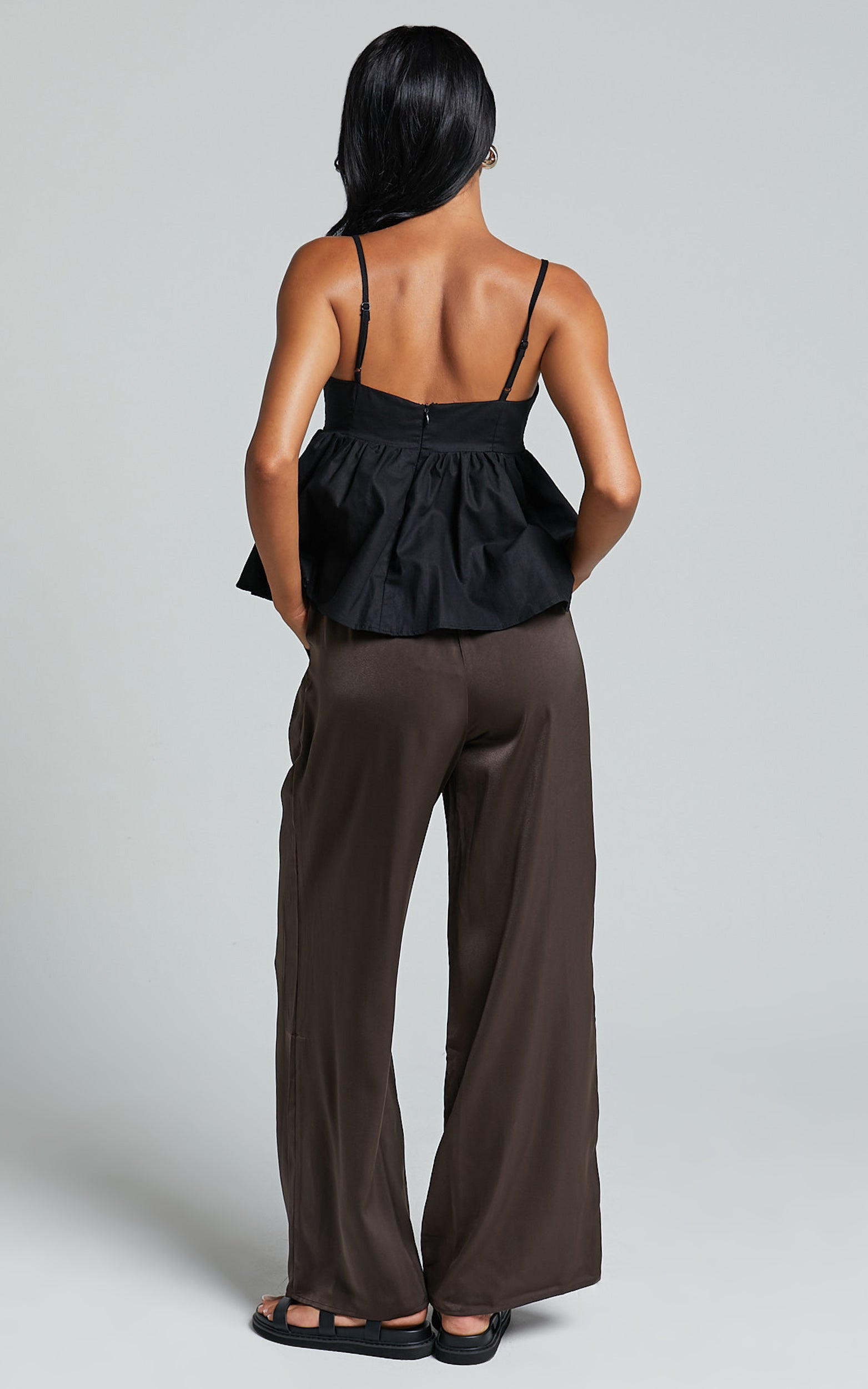 Carlynne Pants - Satin Relaxed Mid Rise Drawstring Pants in Chocolate