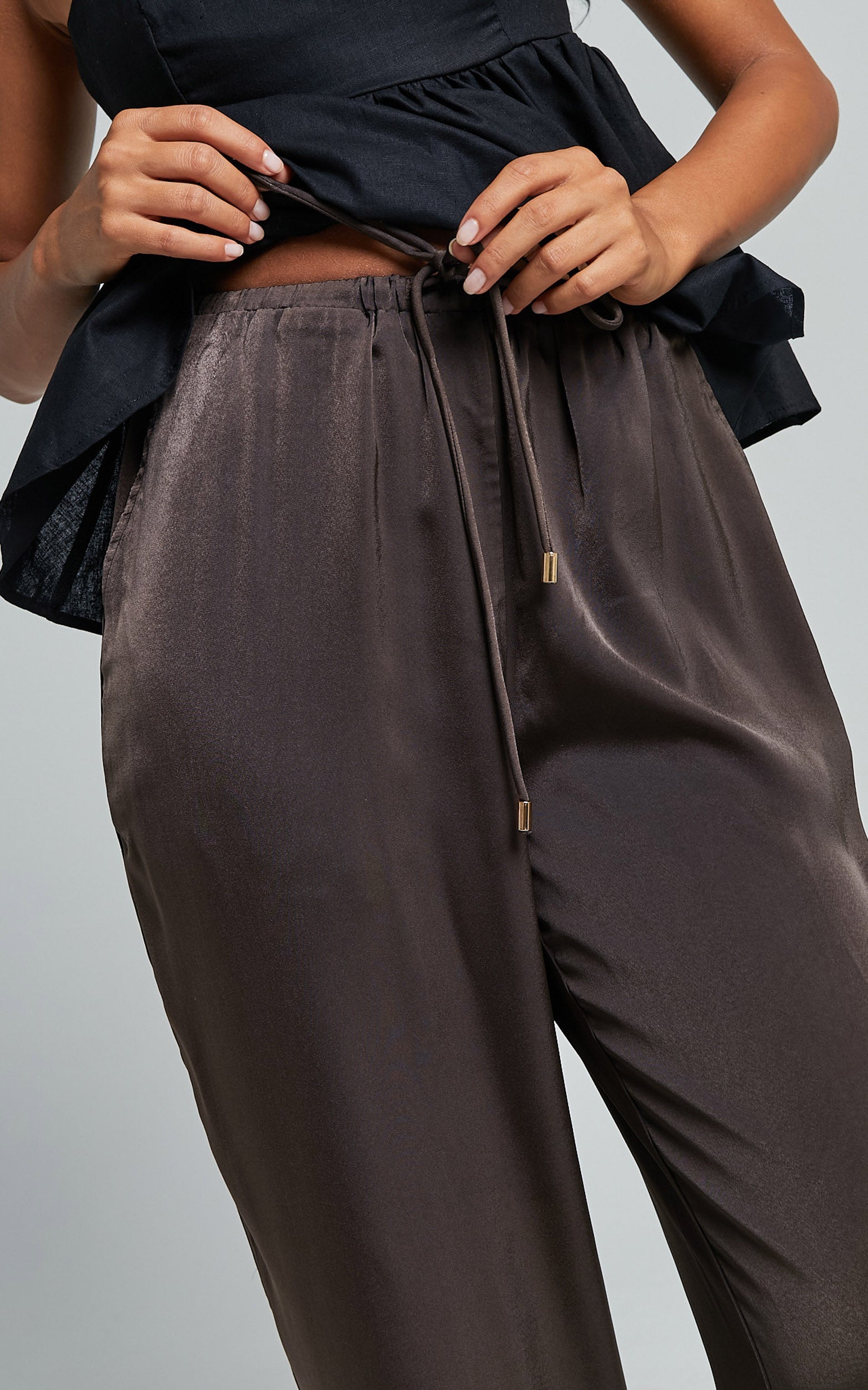 Carlynne Pants - Satin Relaxed Mid Rise Drawstring Pants in Chocolate