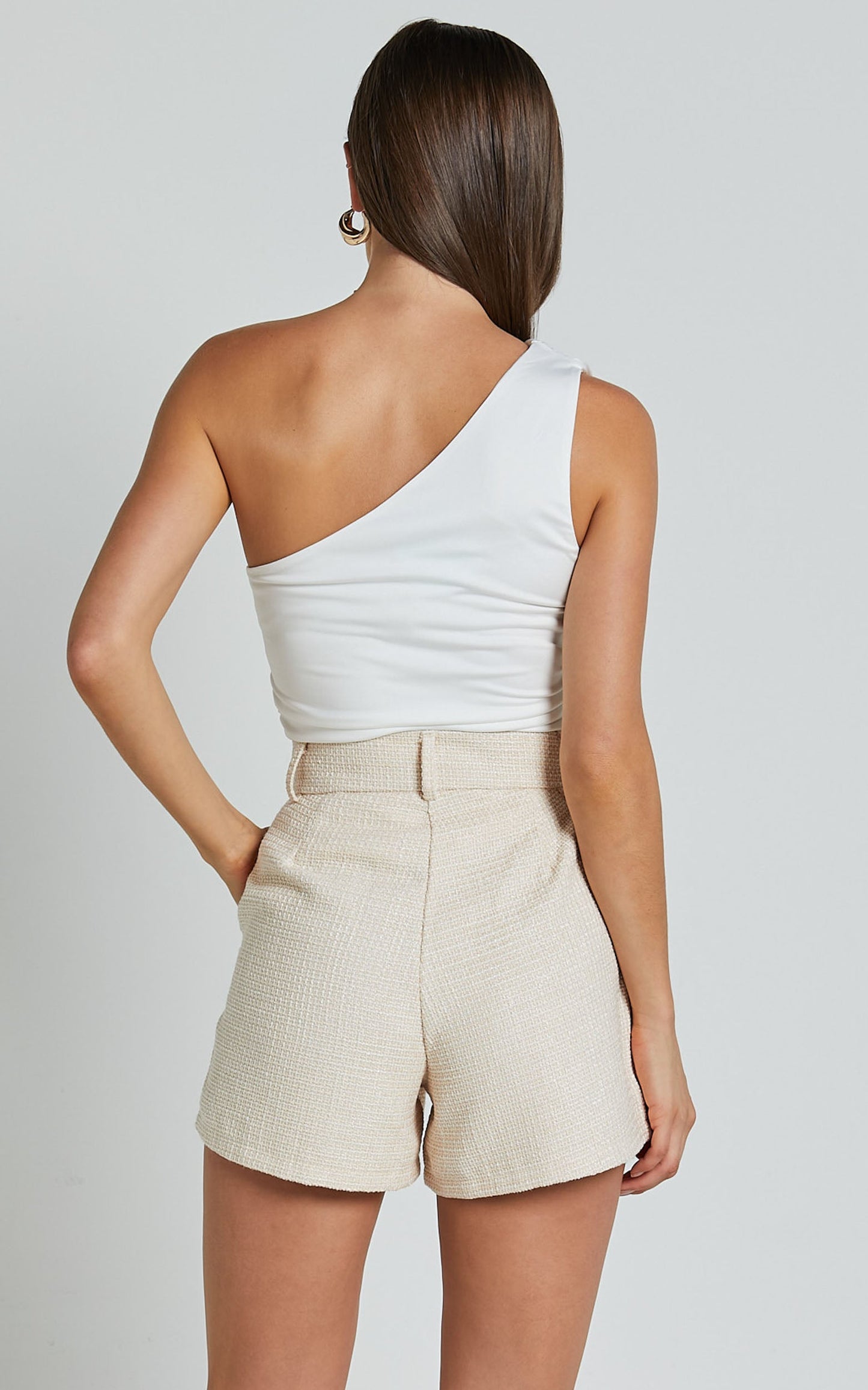 Carrie Shorts - High Waisted Tailored Tweed Shorts in Beige