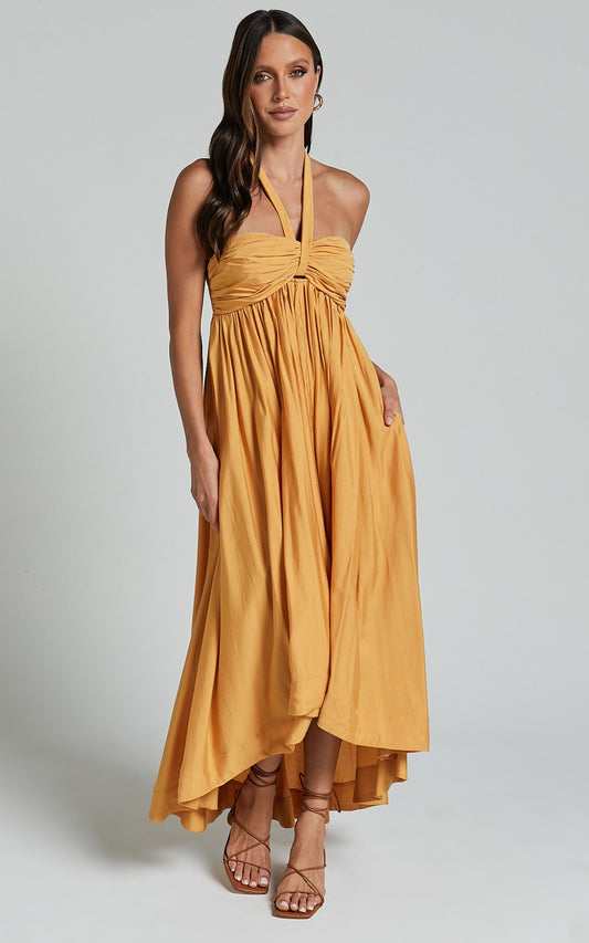 Carrol Midi Dress - Halter Neck High Low Dress in Pollen Yellow