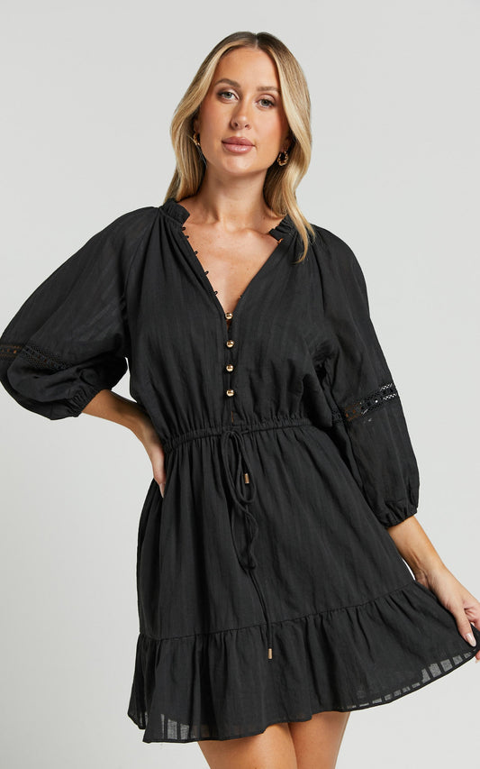 Carter Mini Dress - Tiered Trim Detail Dress in Black