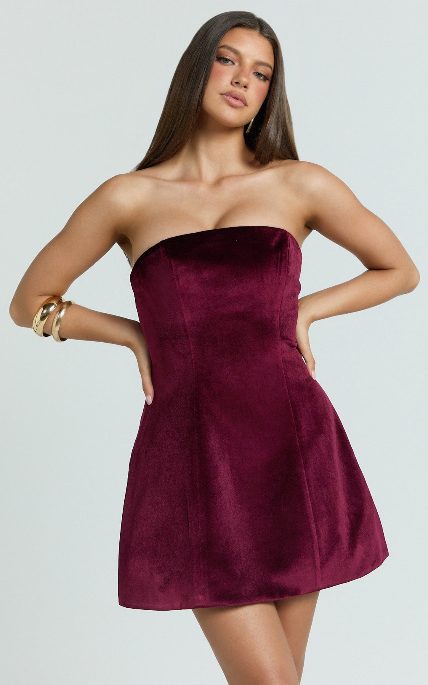 Cartia Mini Dress - Velvet Strapless Fit And Flare Dress in Wine