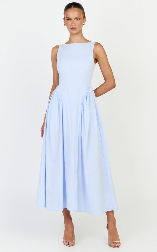 Casina Midi Dress - Boat Neck Tie Back Fit And Flare Dress in Blue