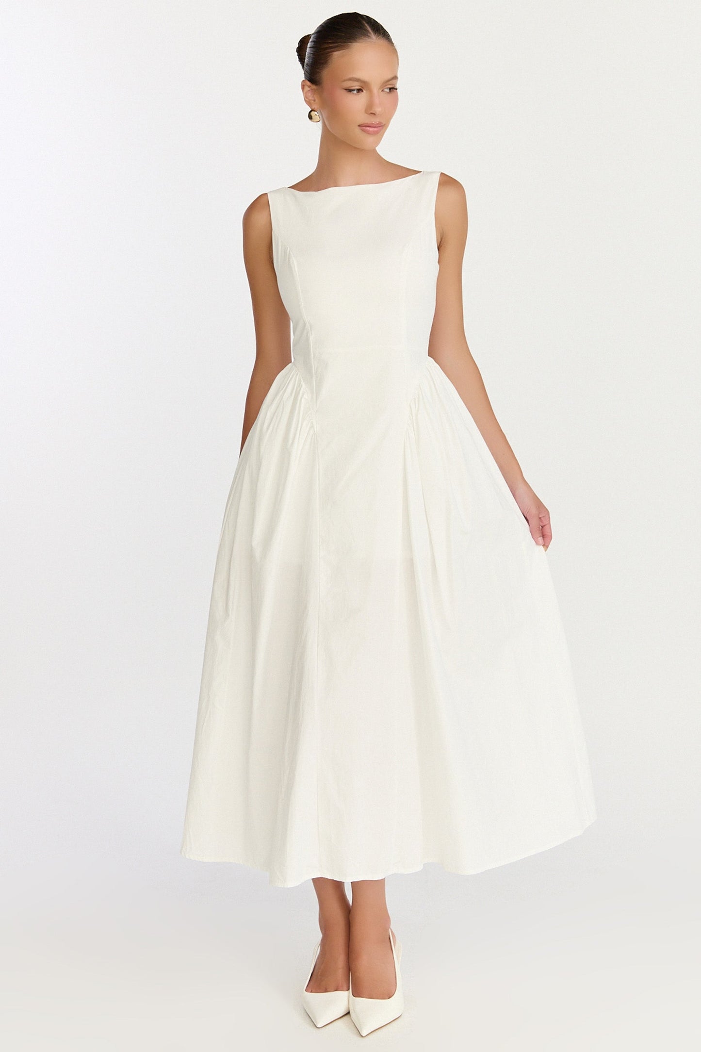 Casina Midi Dress - Boat Neck Tie Back Fit And Flare Dress in Off White