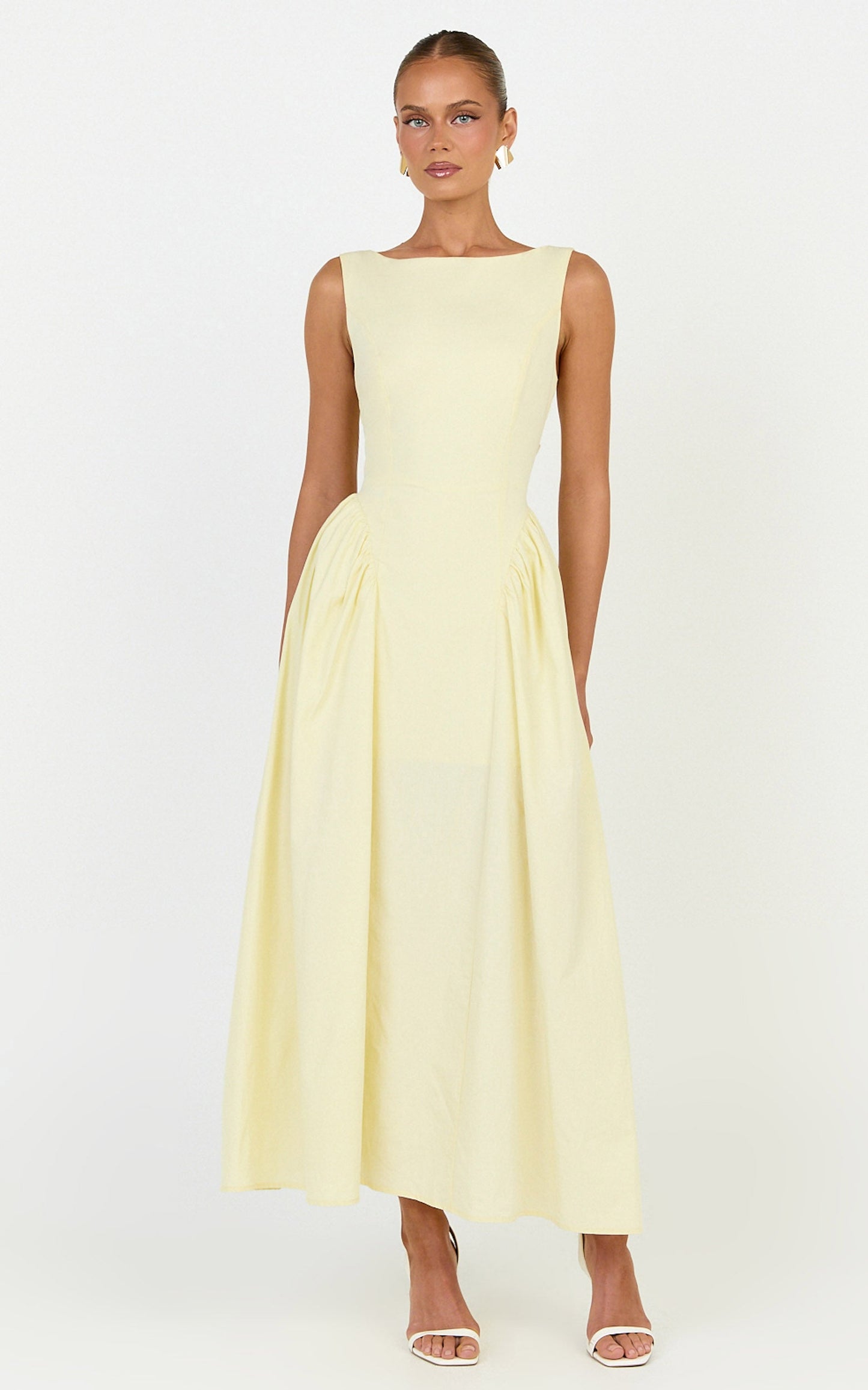 Casina Midi Dress - Boat Neck Tie Back Fit And Flare Dress in Yellow