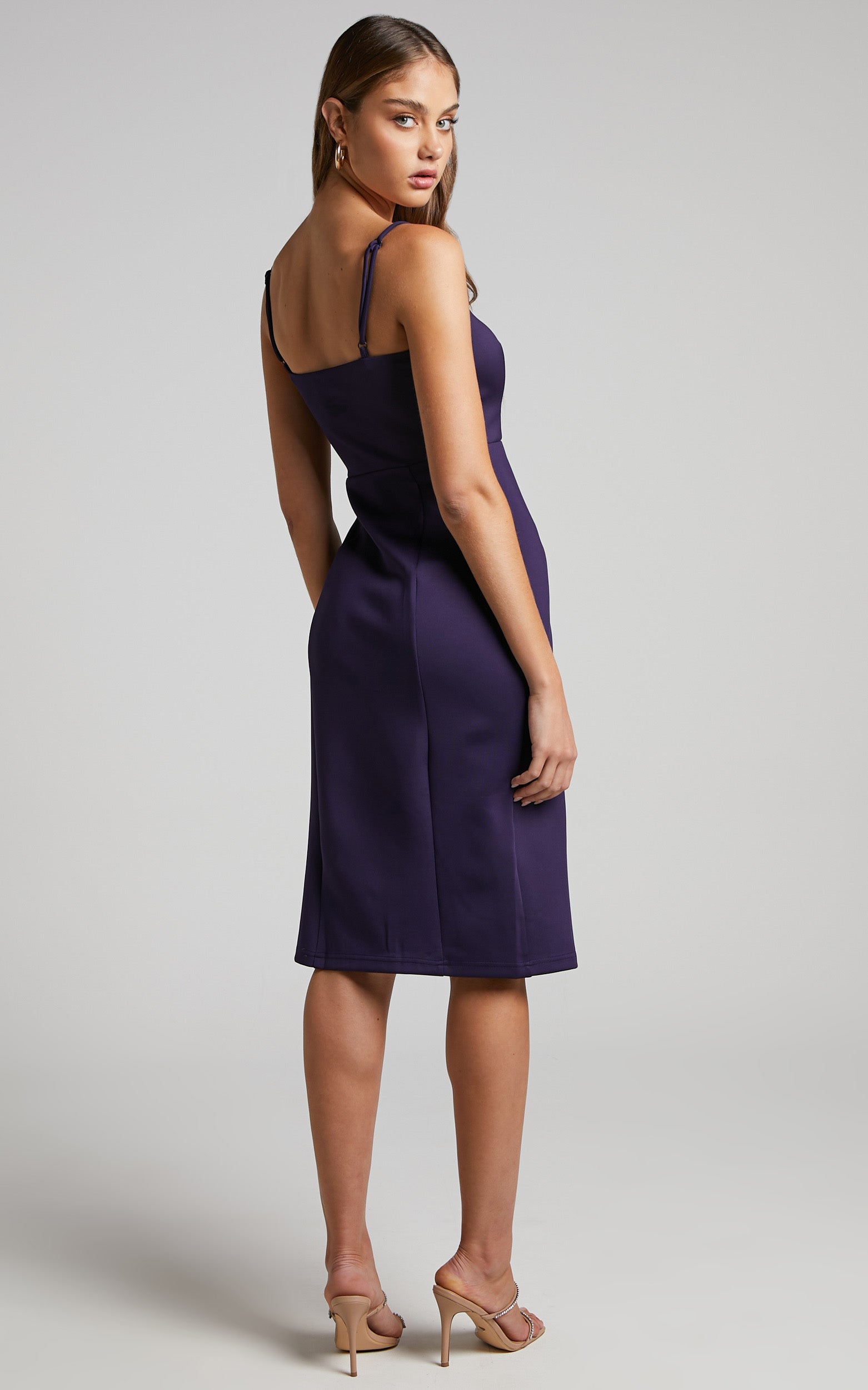 Cathalina Midi Dress - Thigh Split Square Neck Dress in Purple