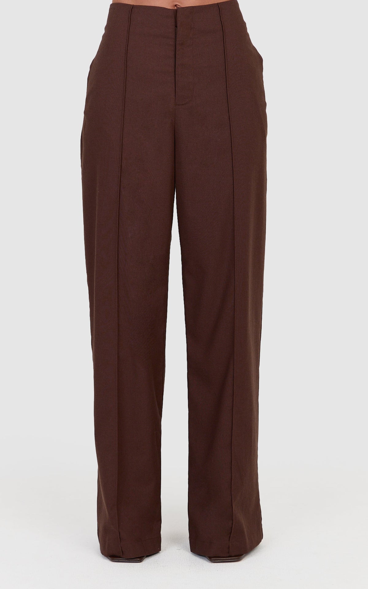 Catherine Pants - Linen Blend Tailored Straight Leg Pant in Chocolate