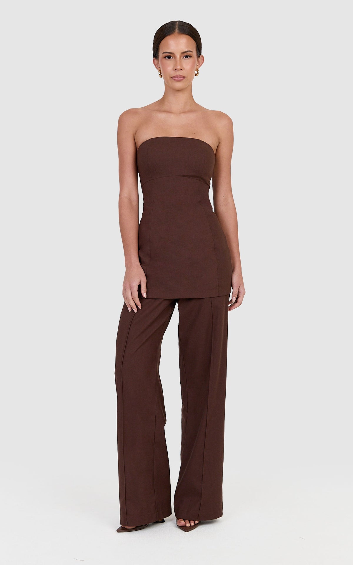 Catherine Pants - Linen Blend Tailored Straight Leg Pant in Chocolate