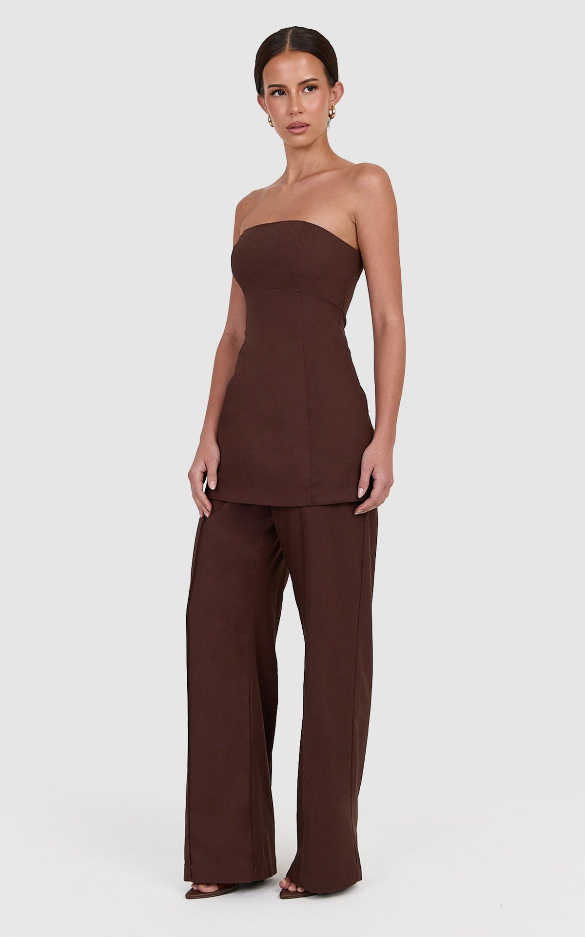 Catherine Pants - Linen Blend Tailored Straight Leg Pant in Chocolate