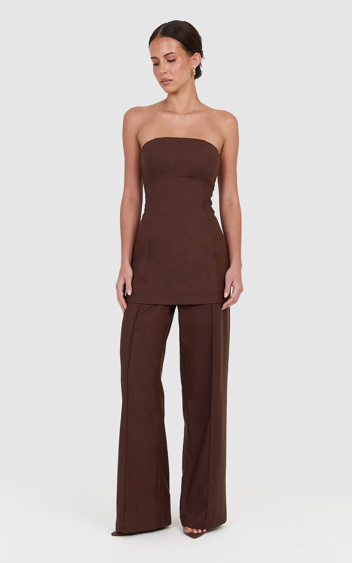 Catherine Pants - Linen Blend Tailored Straight Leg Pant in Chocolate