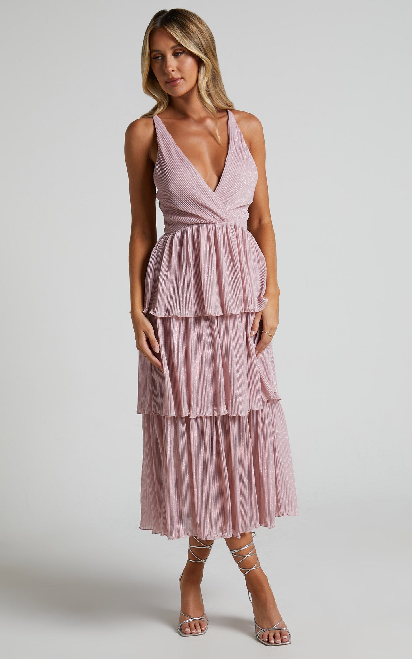 Cayla Midi Dress - V Neck Wrap Tiered Sheer Dress in Pink