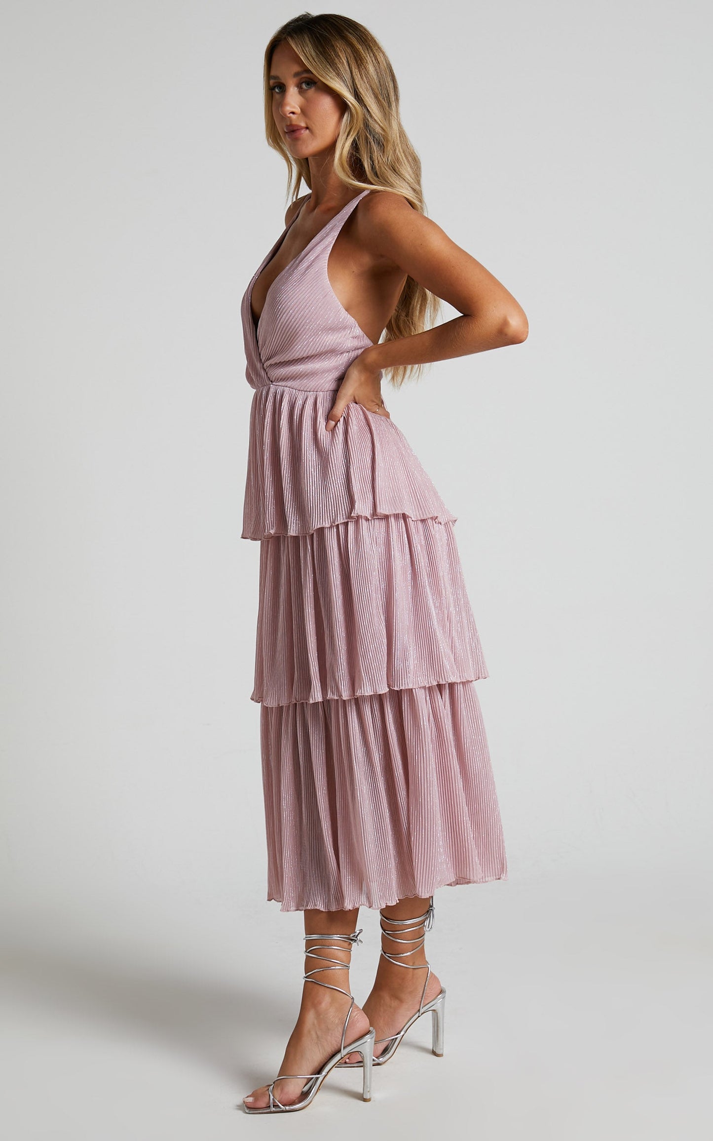 Cayla Midi Dress - V Neck Wrap Tiered Sheer Dress in Pink