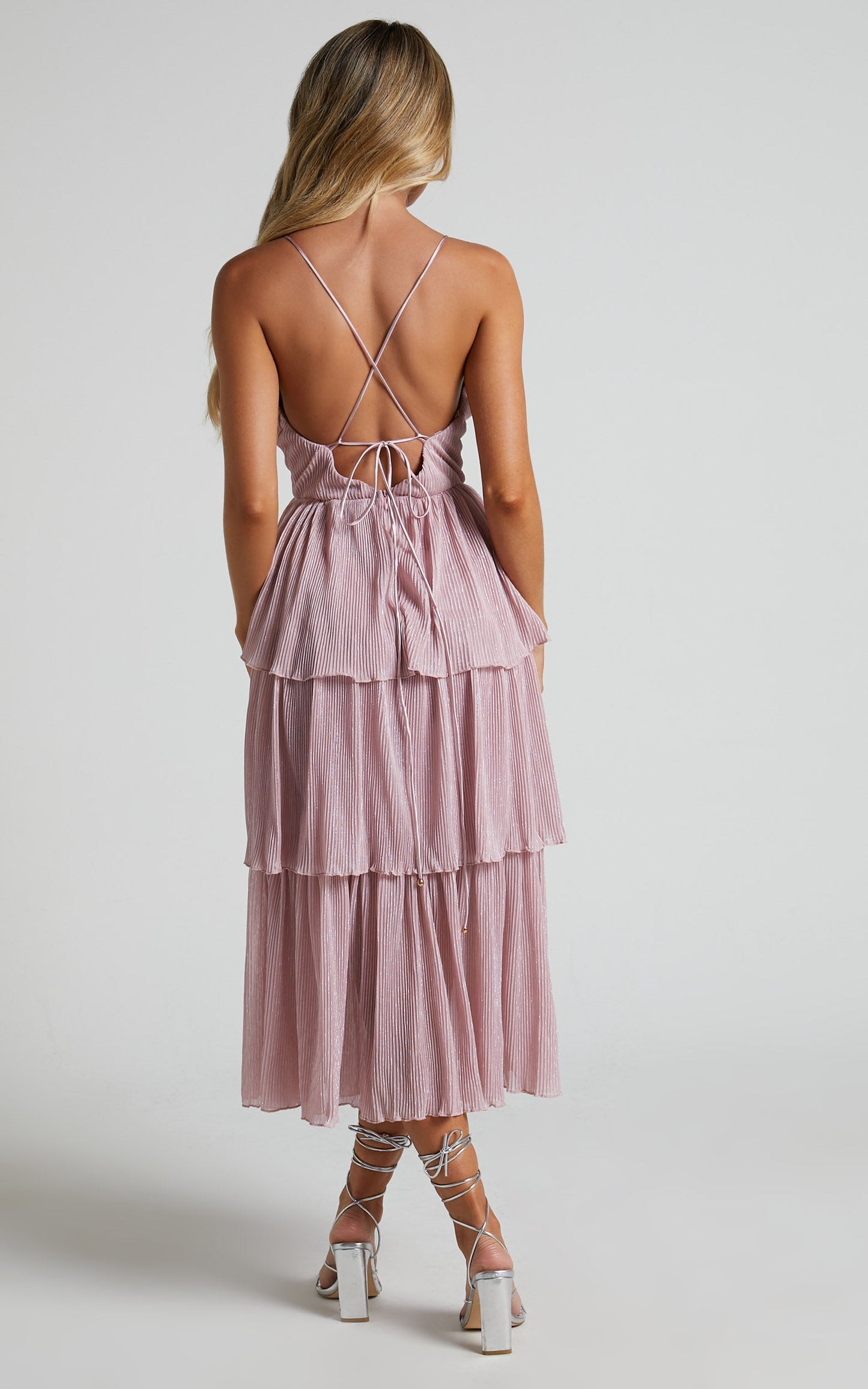 Cayla Midi Dress - V Neck Wrap Tiered Sheer Dress in Pink