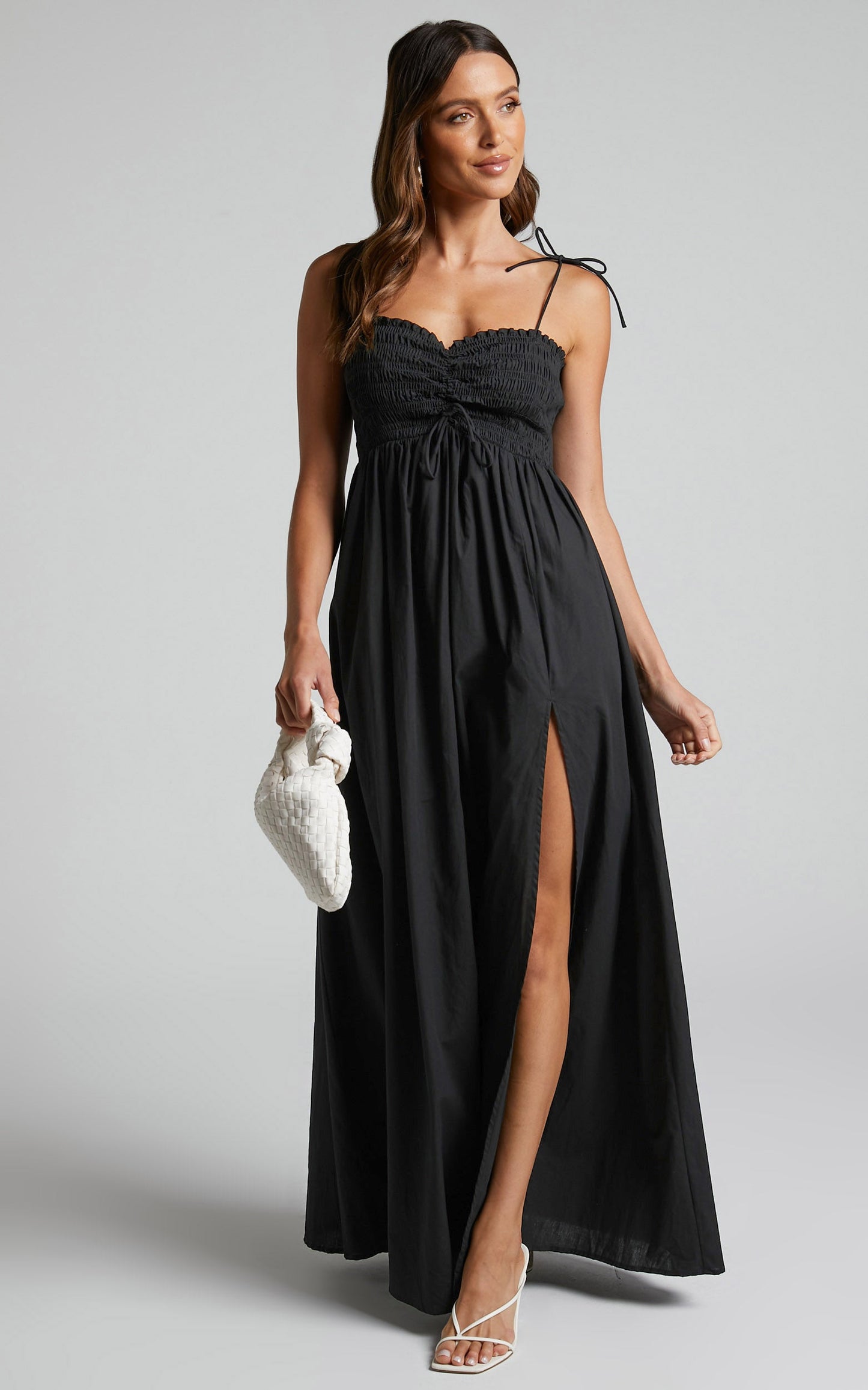 Cazie Maxi Dress -  Ruched Front Sweetheart Shirred Bodice Dress in Black