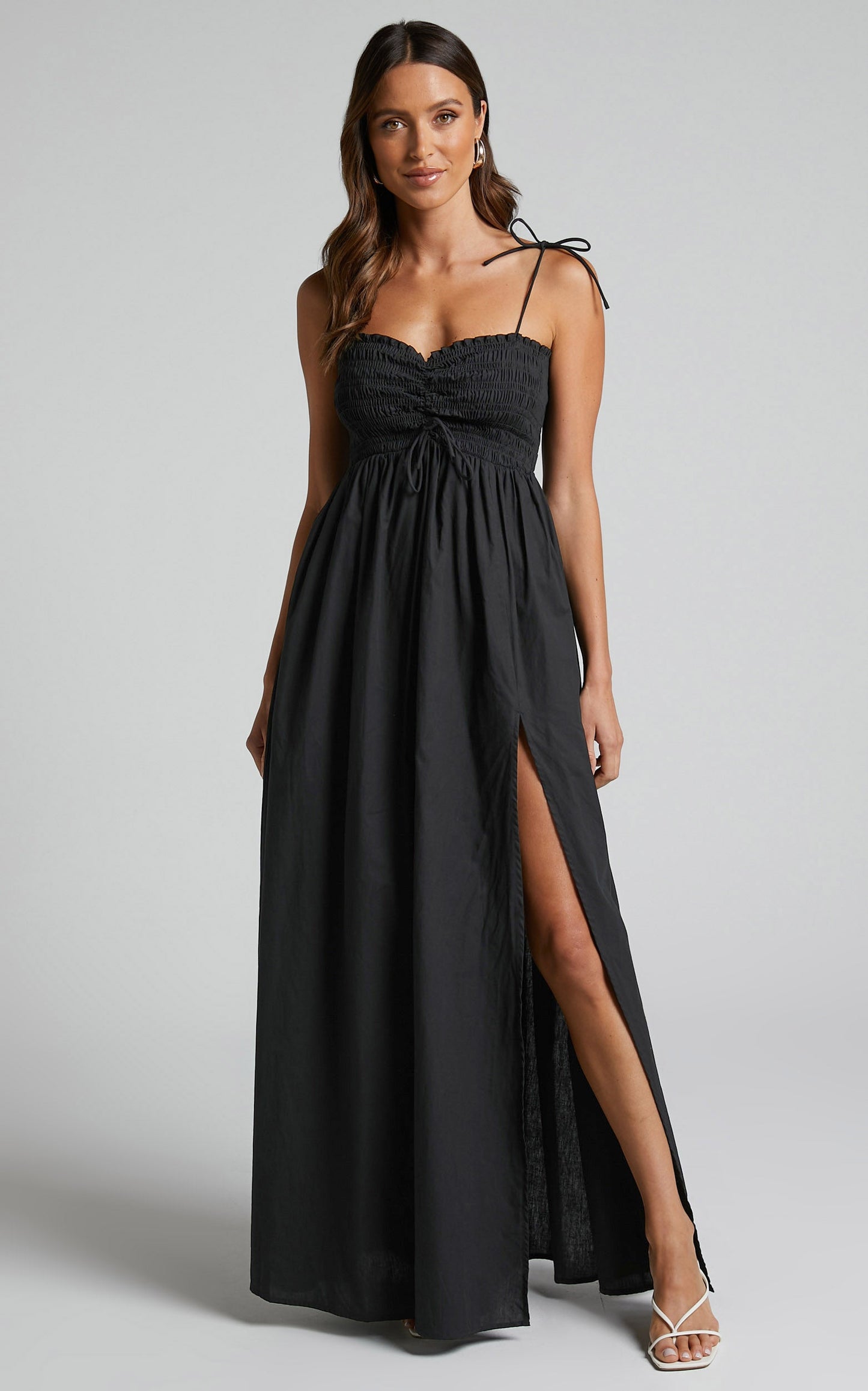 Cazie Maxi Dress -  Ruched Front Sweetheart Shirred Bodice Dress in Black