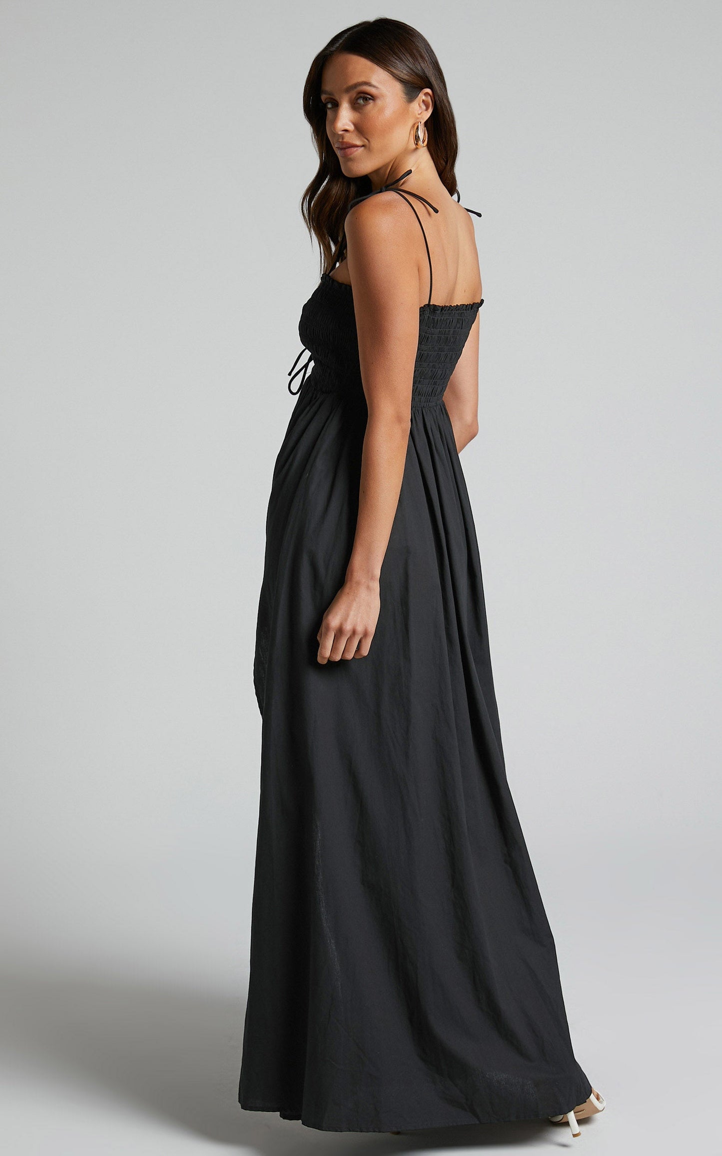 Cazie Maxi Dress -  Ruched Front Sweetheart Shirred Bodice Dress in Black