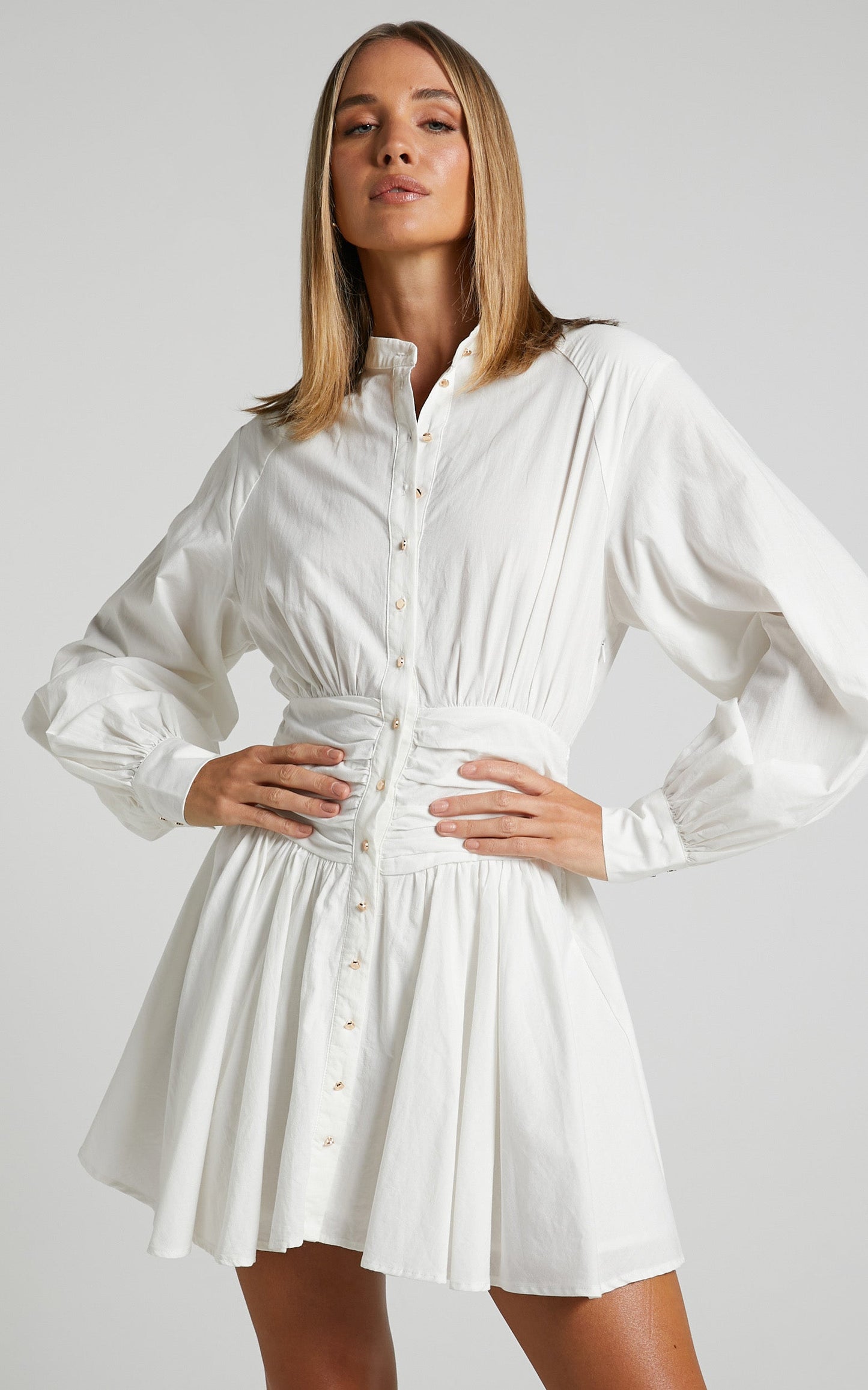 Cazie Mini Dress - Long Sleeve Gathered Waist Button Down Shirt Dress in White