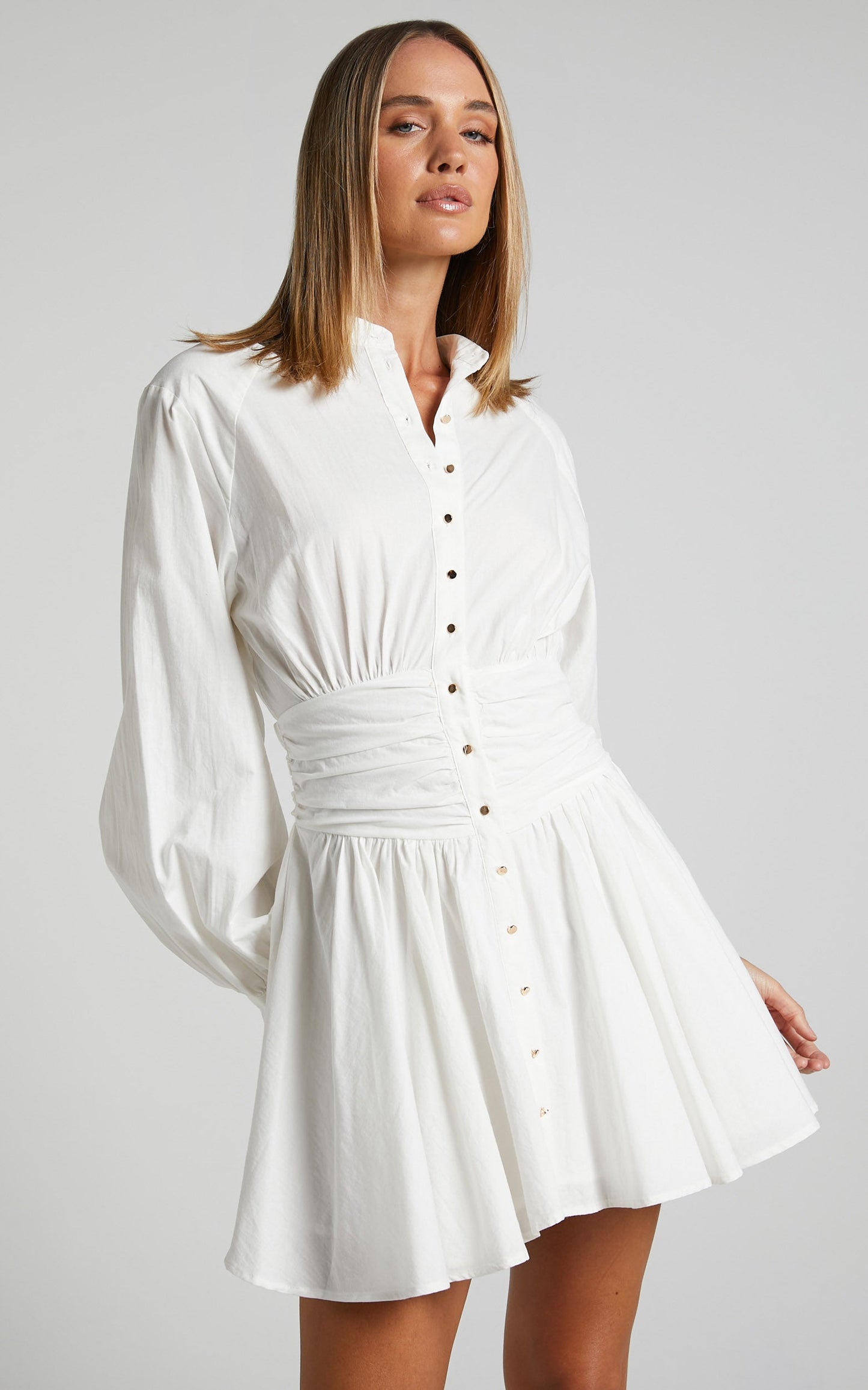 Cazie Mini Dress - Long Sleeve Gathered Waist Button Down Shirt Dress in White