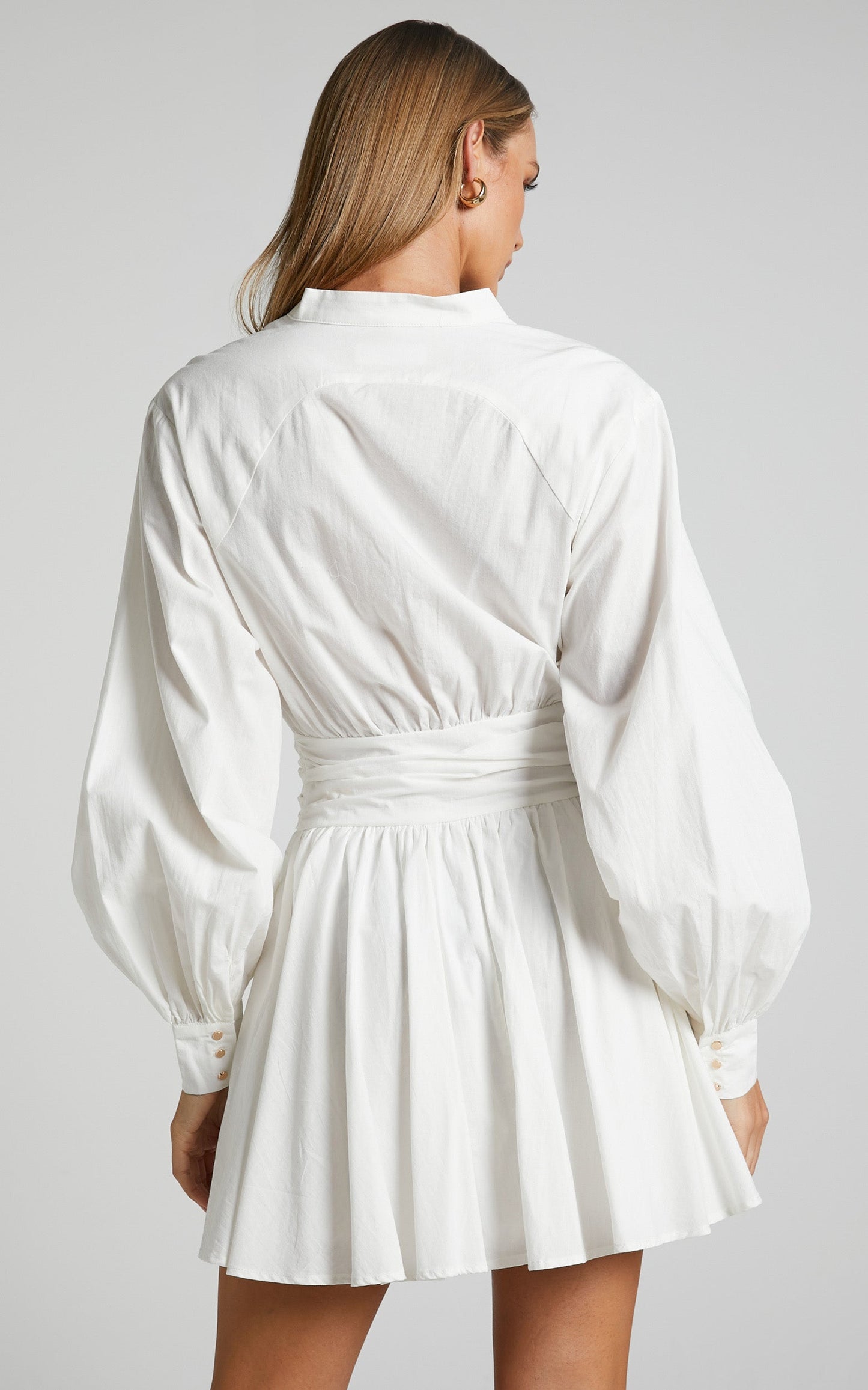 Cazie Mini Dress - Long Sleeve Gathered Waist Button Down Shirt Dress in White