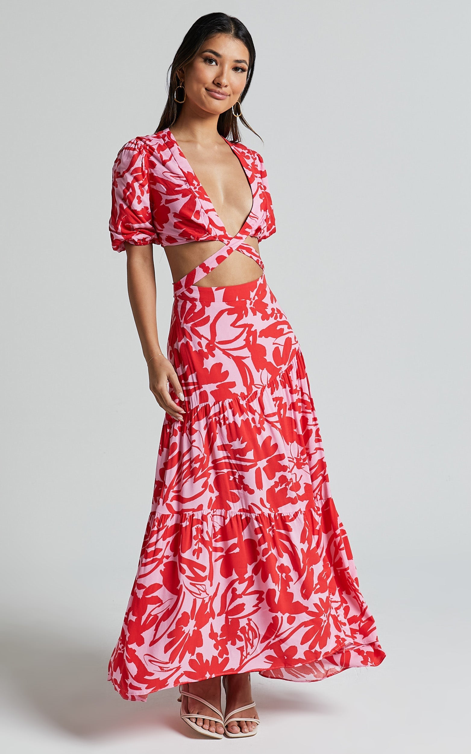 Cecelia Midi Dress - Plunge Neck Puff Sleeve Patterned Dress in Pink Shadow Floral