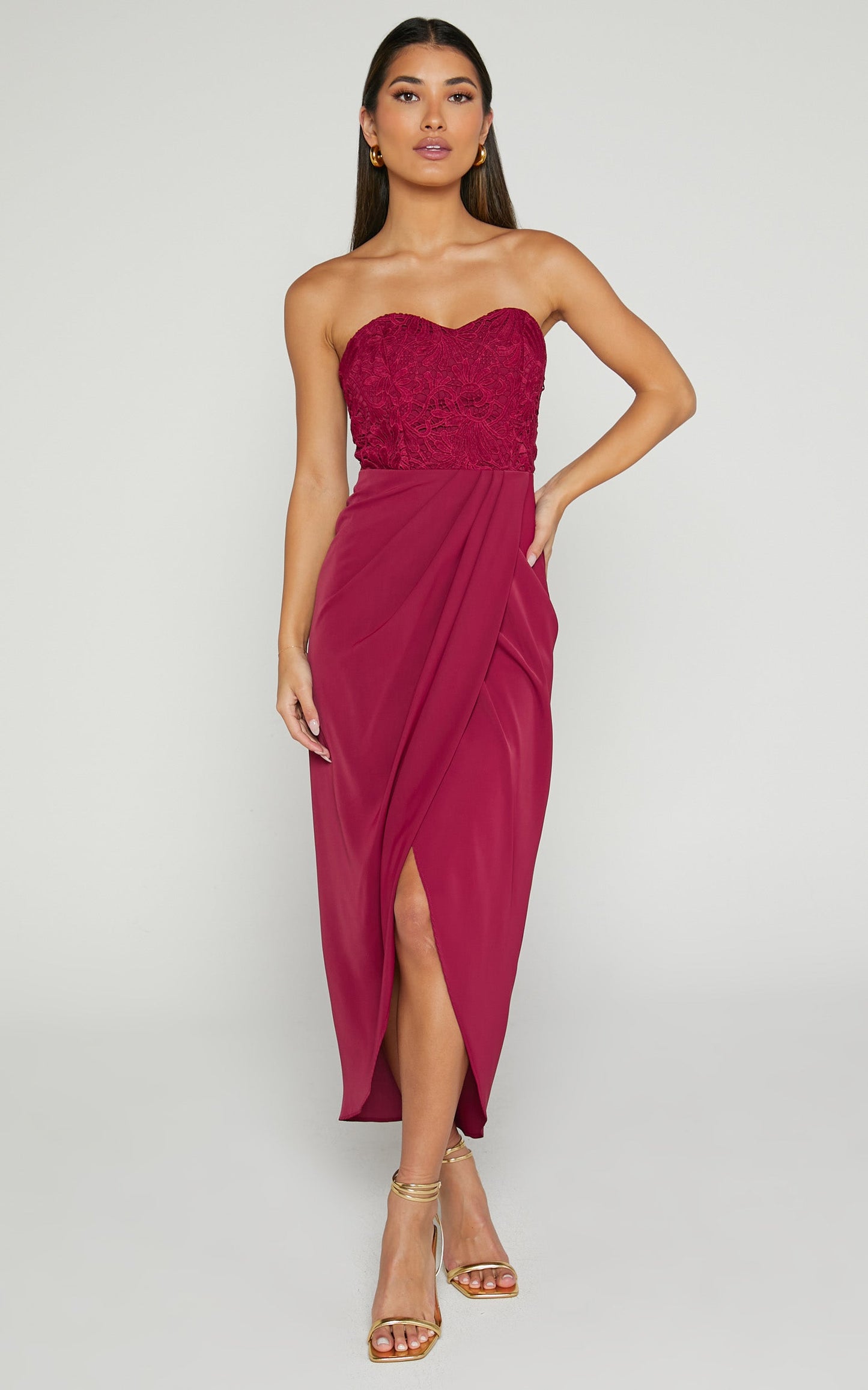 Cecil Midi Dress - Strapless Draped Tulip Hem Dress in Wine