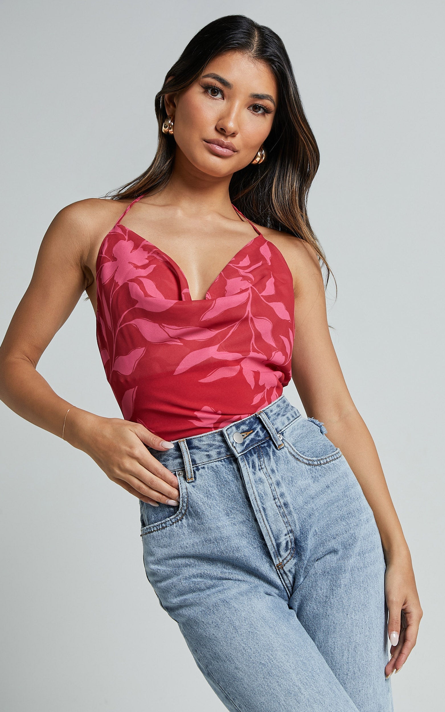 Cedra Top - Cowl Neck Halter Tie in Havana Silhouette floral