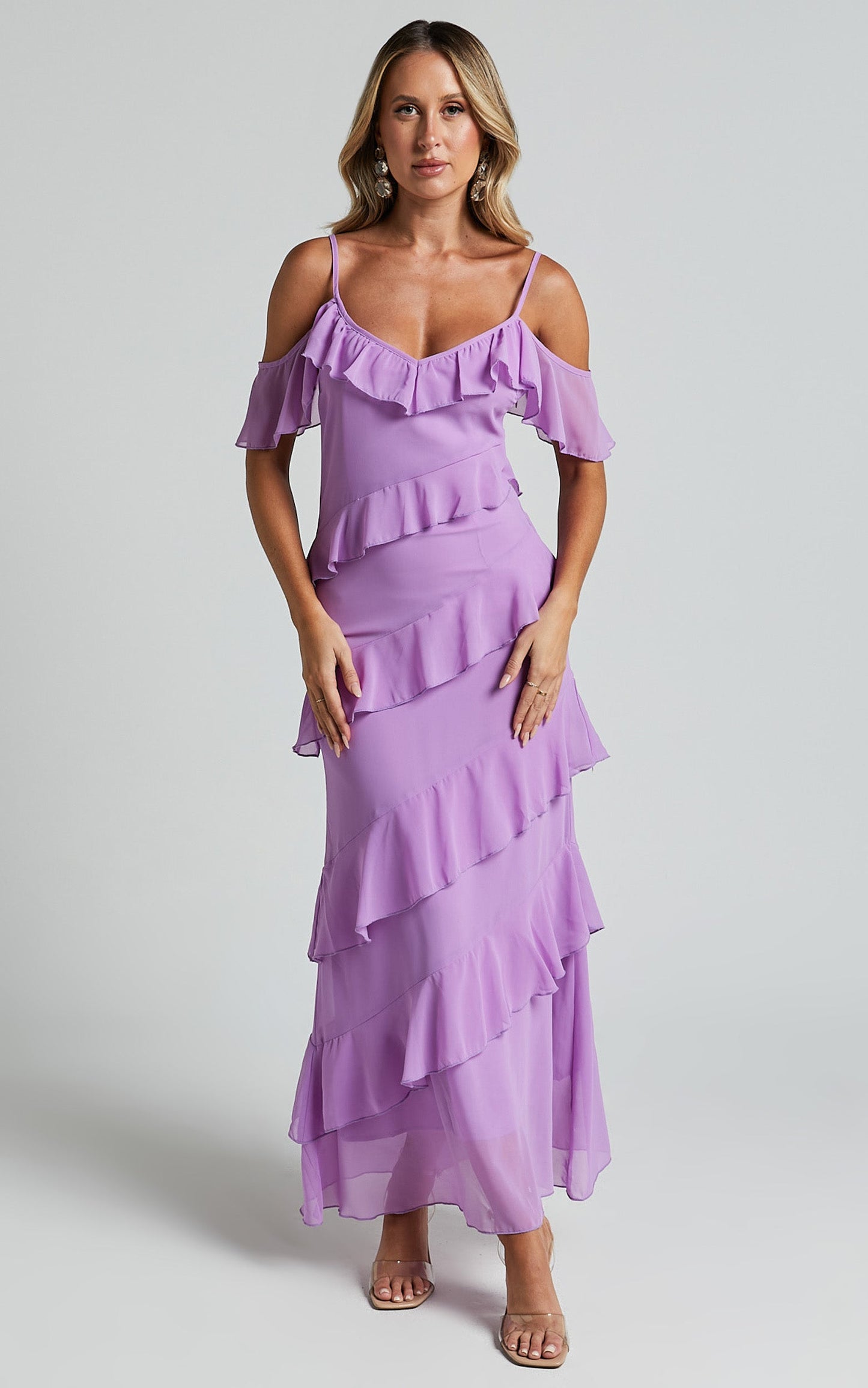Celaya Maxi Dress - Strappy V Neck Off Shoulder Tiered Frill Detail in Lilac