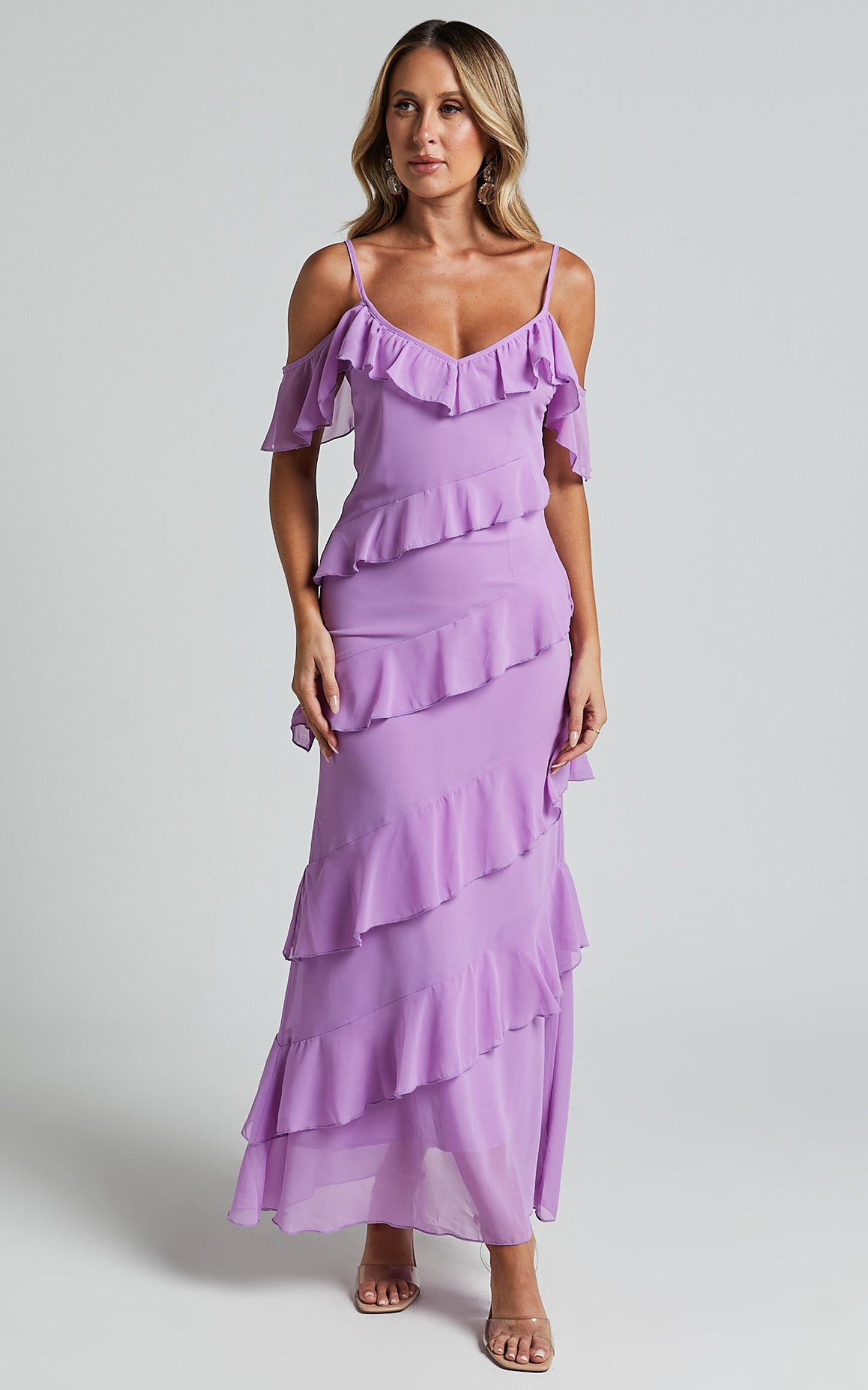 Celaya Maxi Dress - Strappy V Neck Off Shoulder Tiered Frill Detail in Lilac