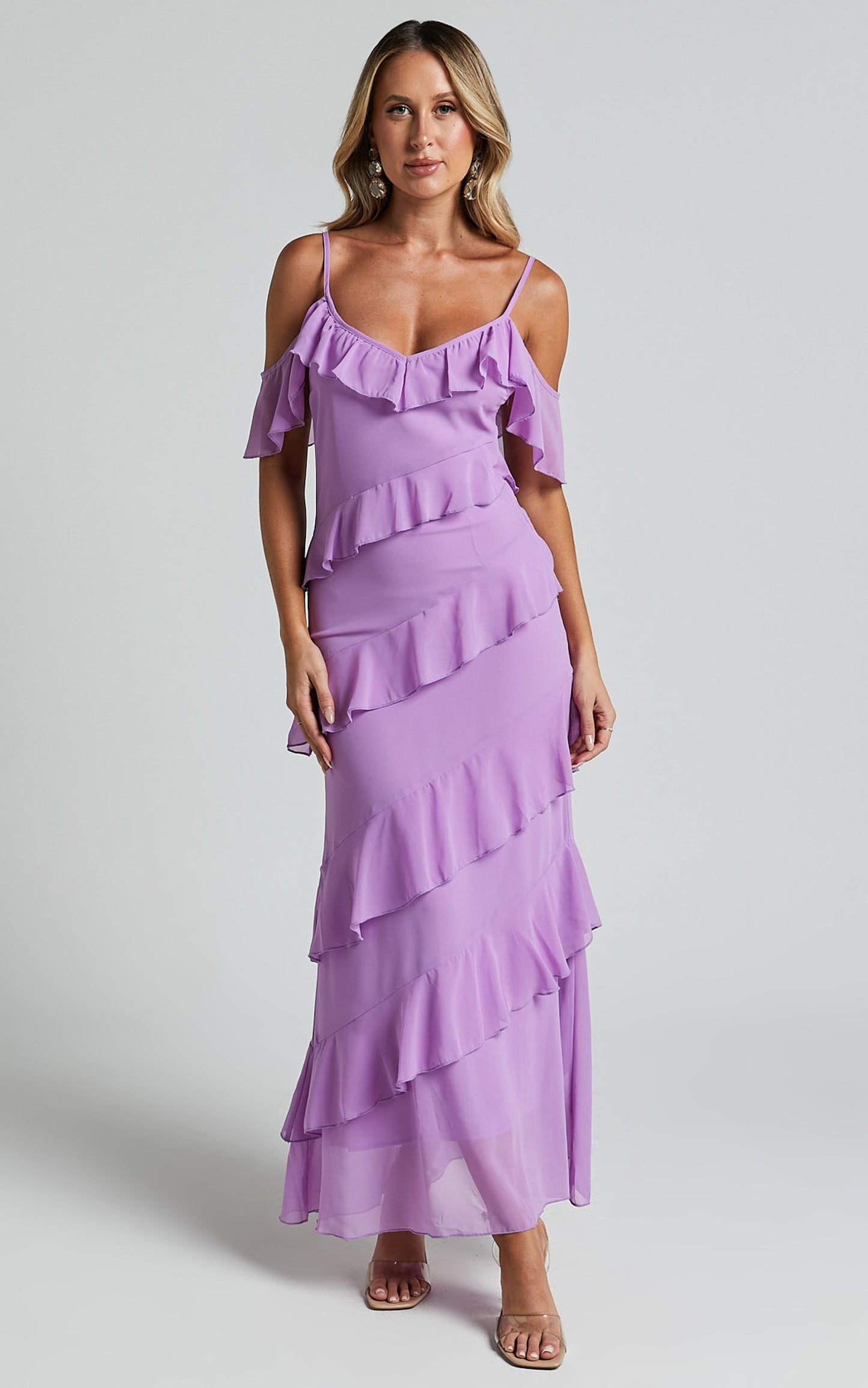 Celaya Maxi Dress - Strappy V Neck Off Shoulder Tiered Frill Detail in Lilac