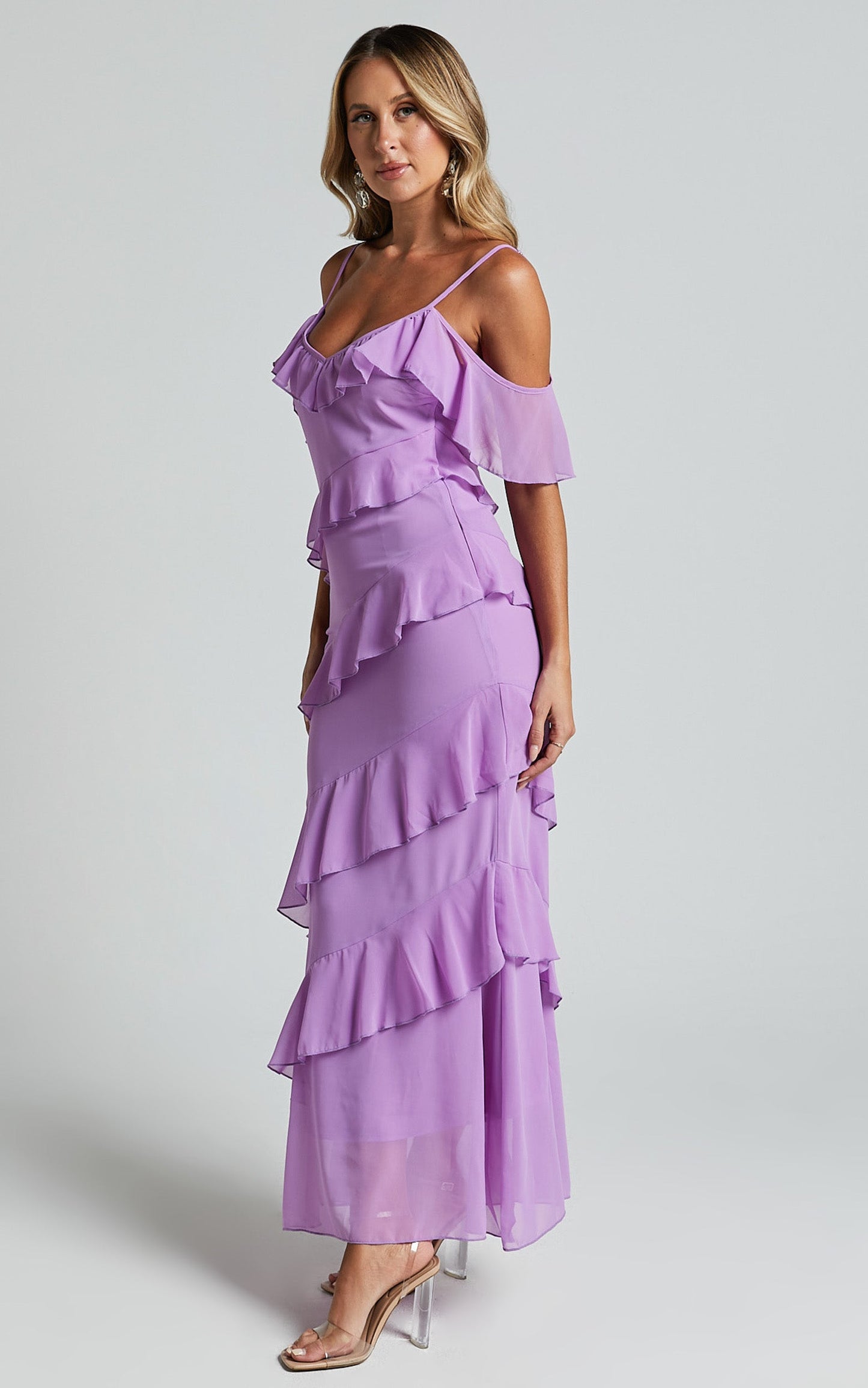 Celaya Maxi Dress - Strappy V Neck Off Shoulder Tiered Frill Detail in Lilac