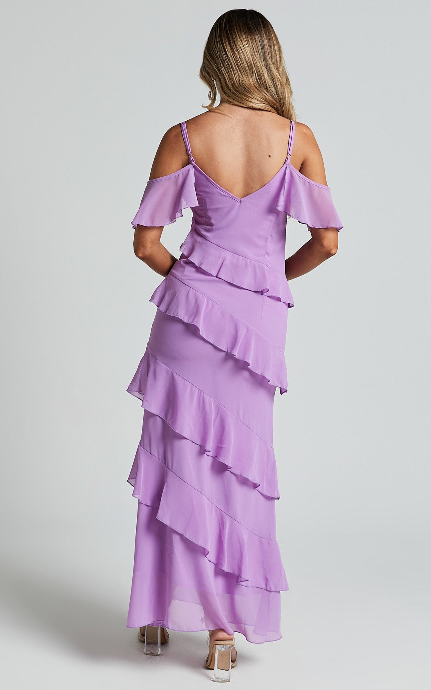 Celaya Maxi Dress - Strappy V Neck Off Shoulder Tiered Frill Detail in Lilac
