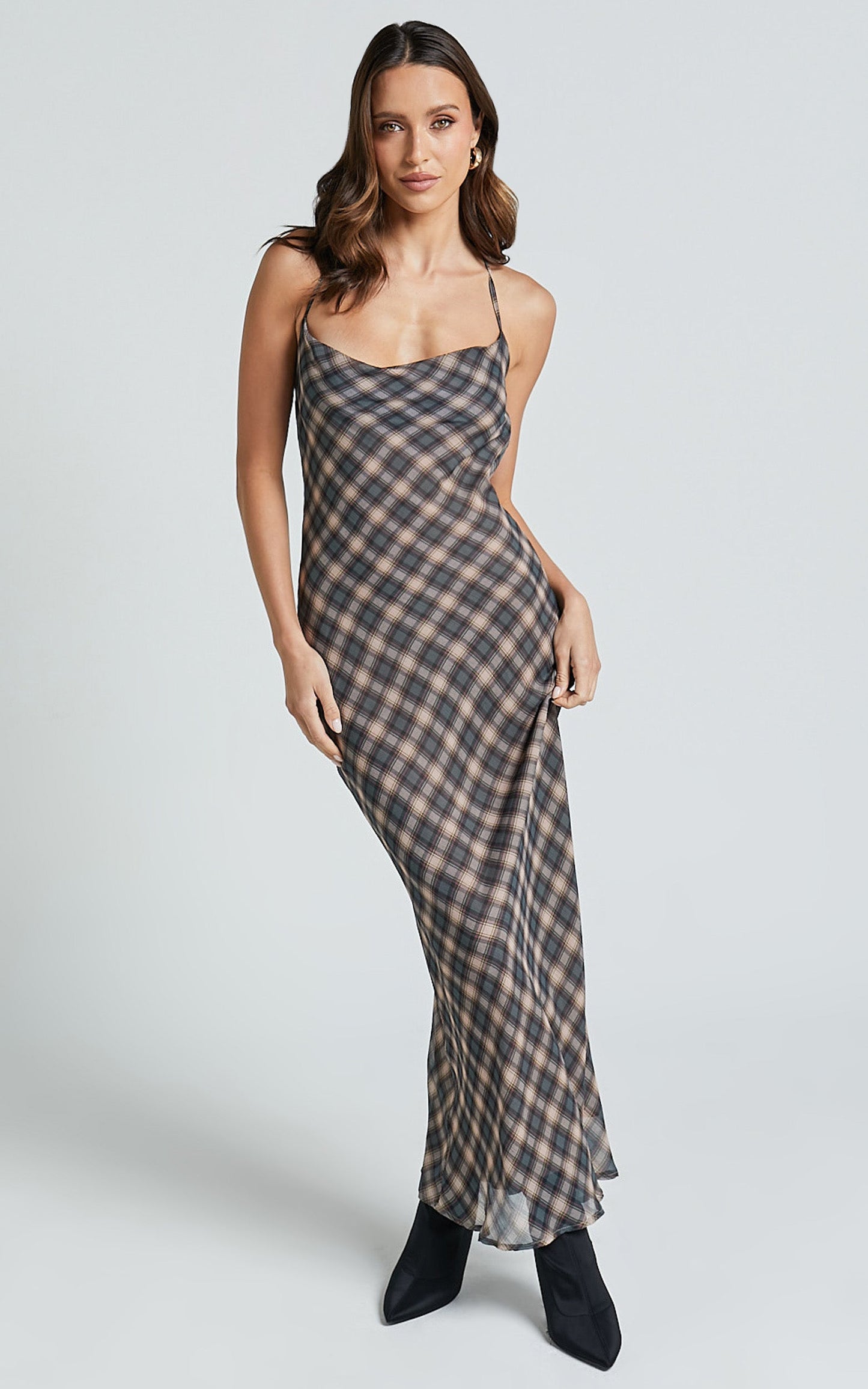 Celeste Midi Dress - Strappy Cowl Neck Slip Dress in Multi Check