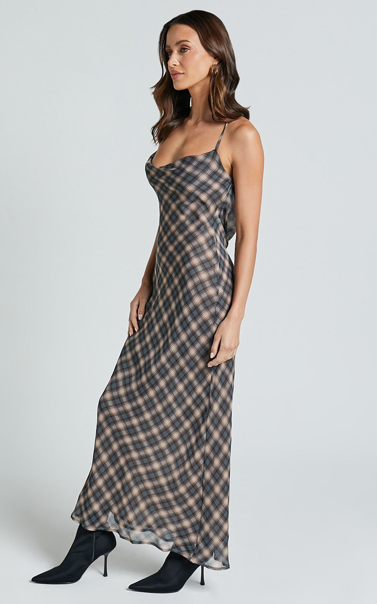 Celeste Midi Dress - Strappy Cowl Neck Slip Dress in Multi Check