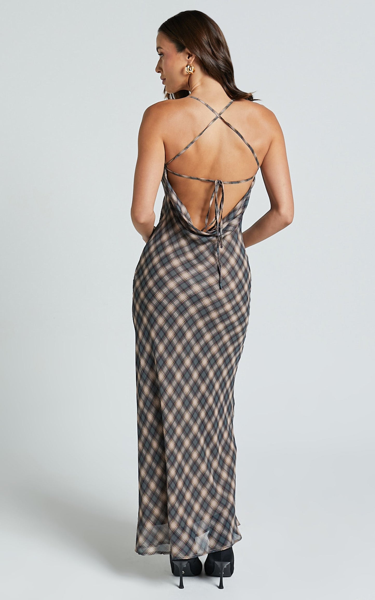 Celeste Midi Dress - Strappy Cowl Neck Slip Dress in Multi Check