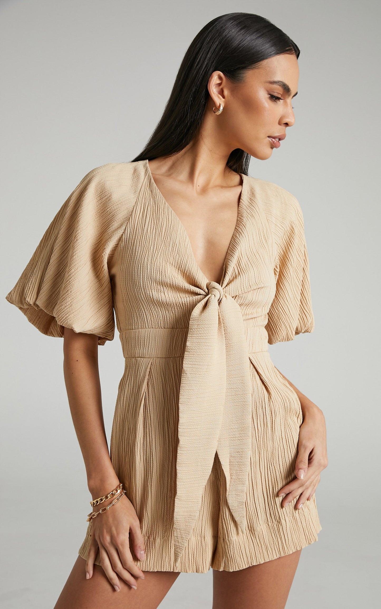 Celestia Playsuit - Plunge Tie Front Puff Sleeve Playsuit in Sand