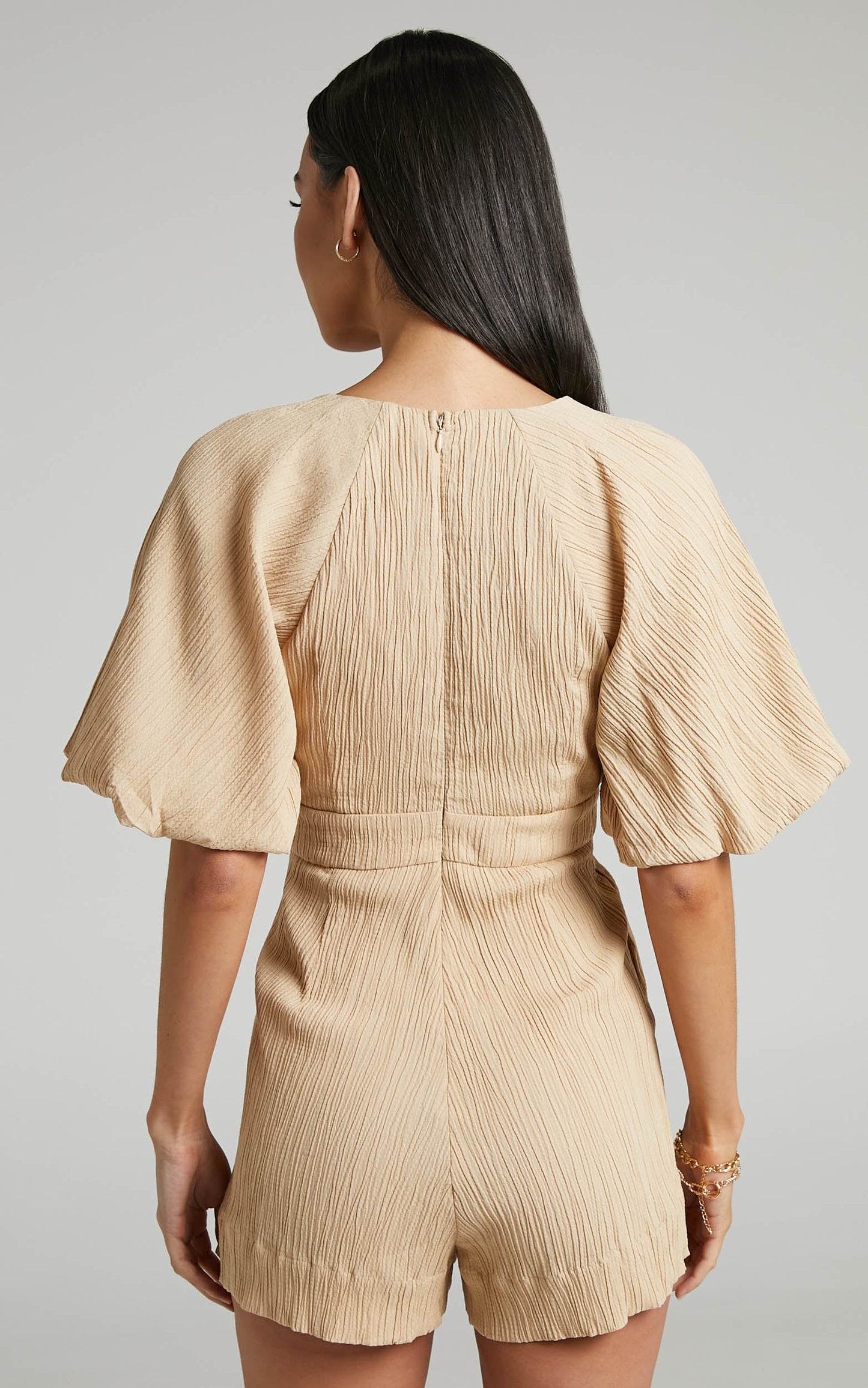 Celestia Playsuit - Plunge Tie Front Puff Sleeve Playsuit in Sand