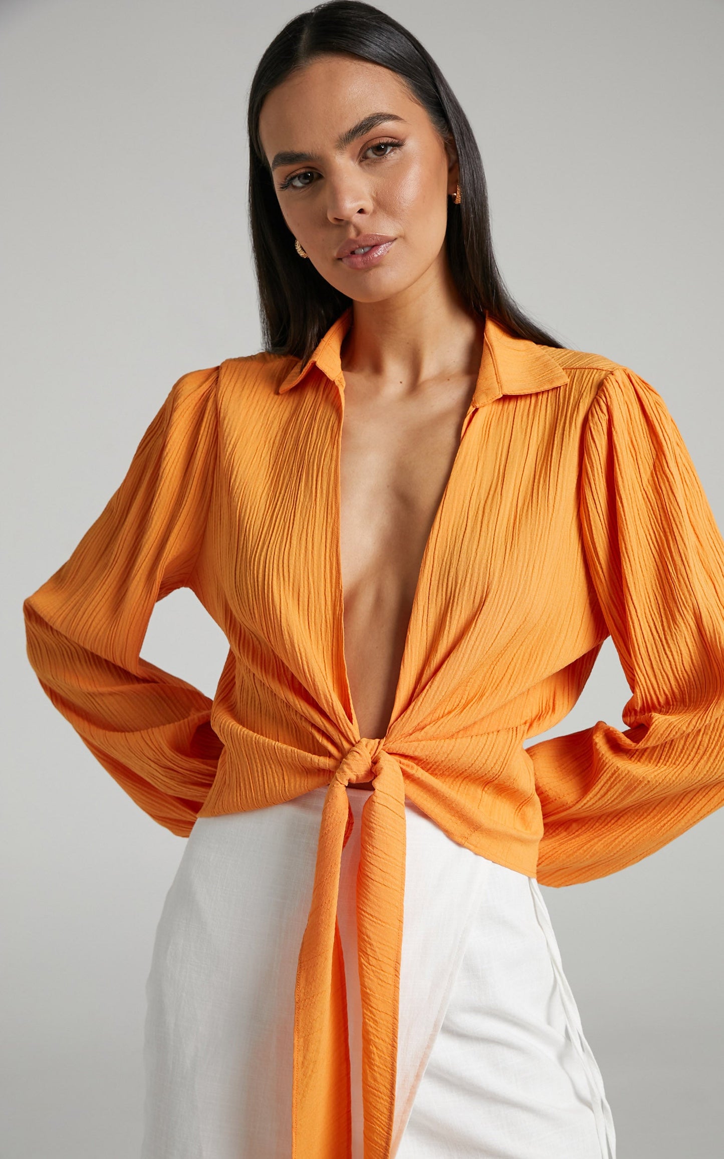 Celestia Blouse - Wrap Tie Front Long Sleeve Blouse in Mango