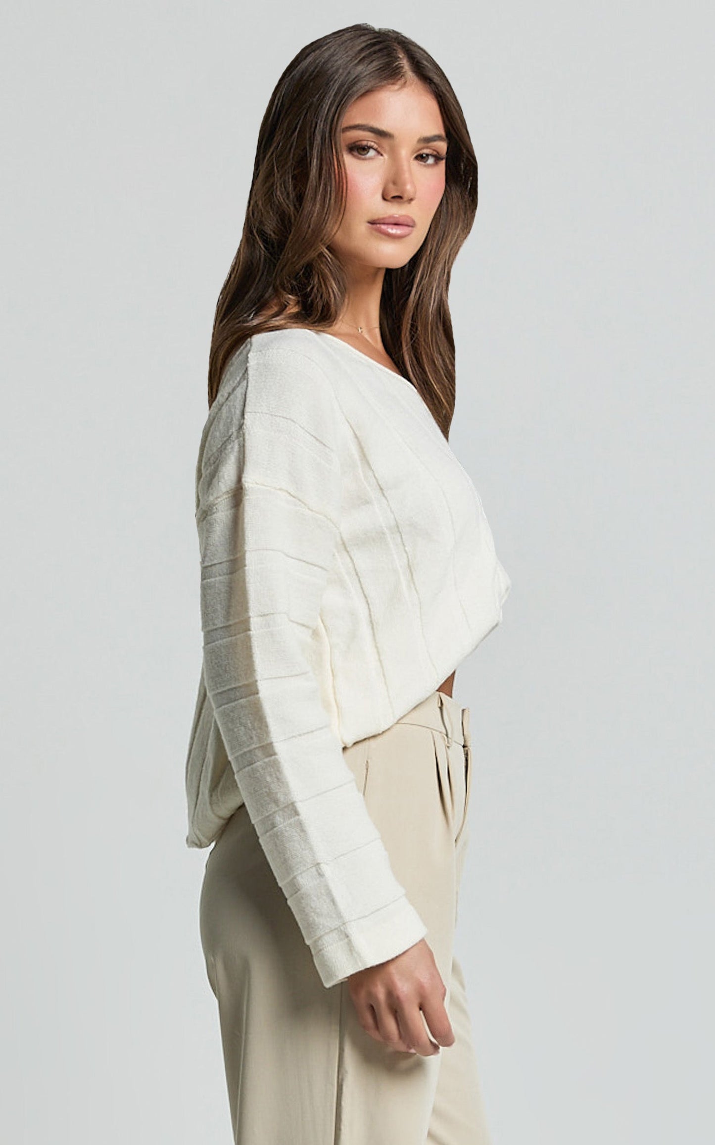Celestina Jumper - Wide Rib V Neck Knit Jumper in Cream