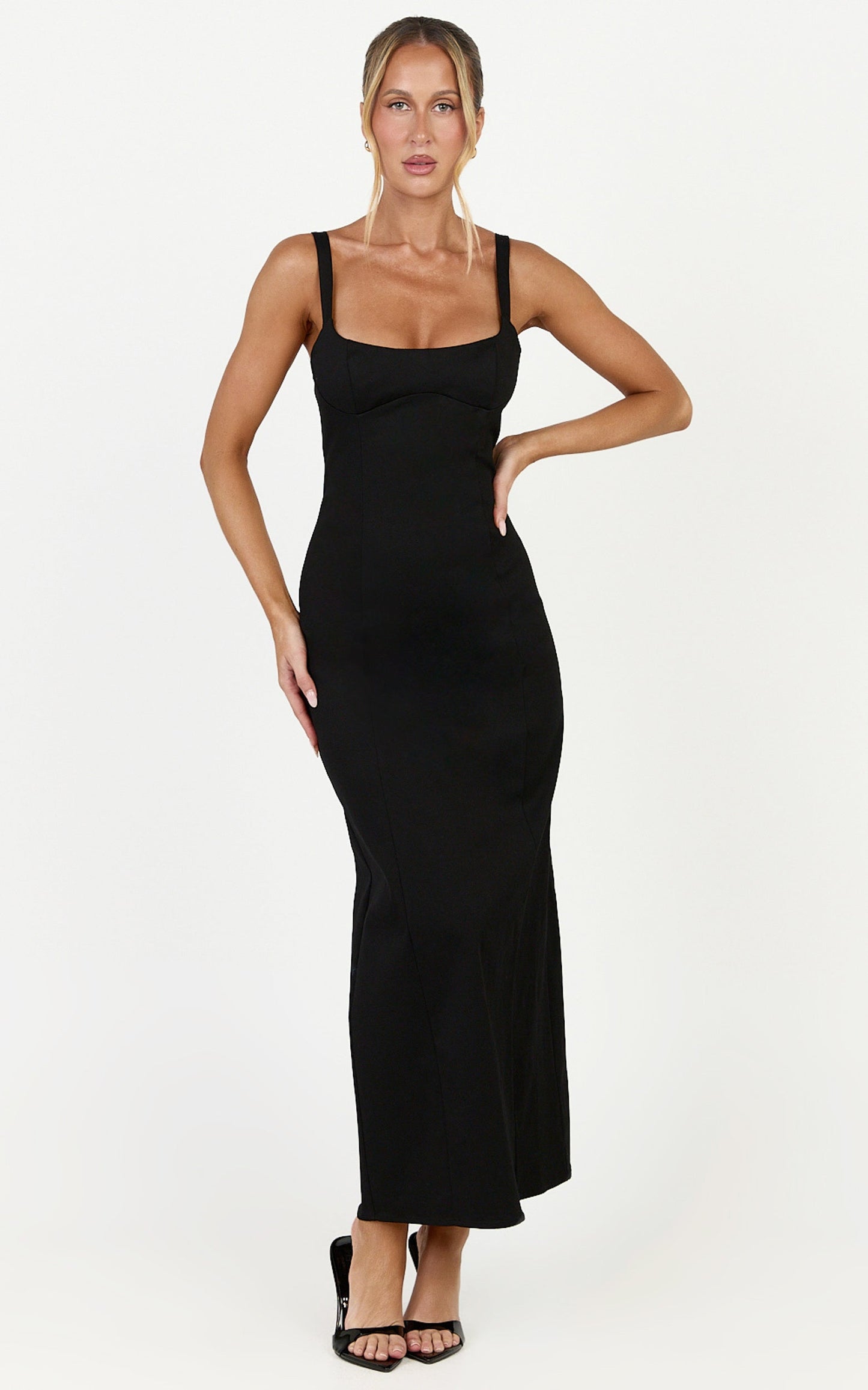 Celestine Midi Dress - Adjustable Strap Structured Dress in Black