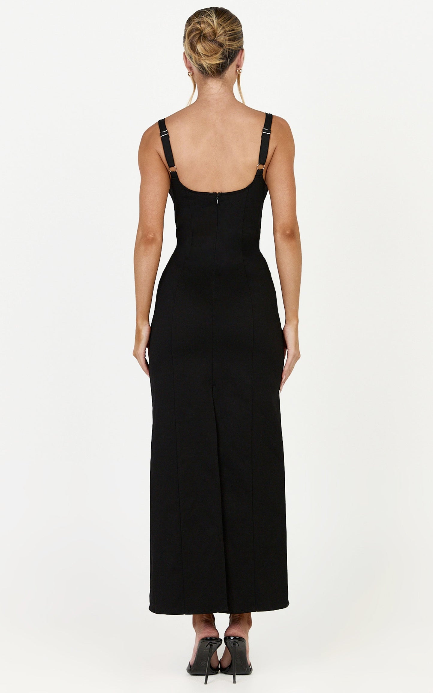 Celestine Midi Dress - Adjustable Strap Structured Dress in Black
