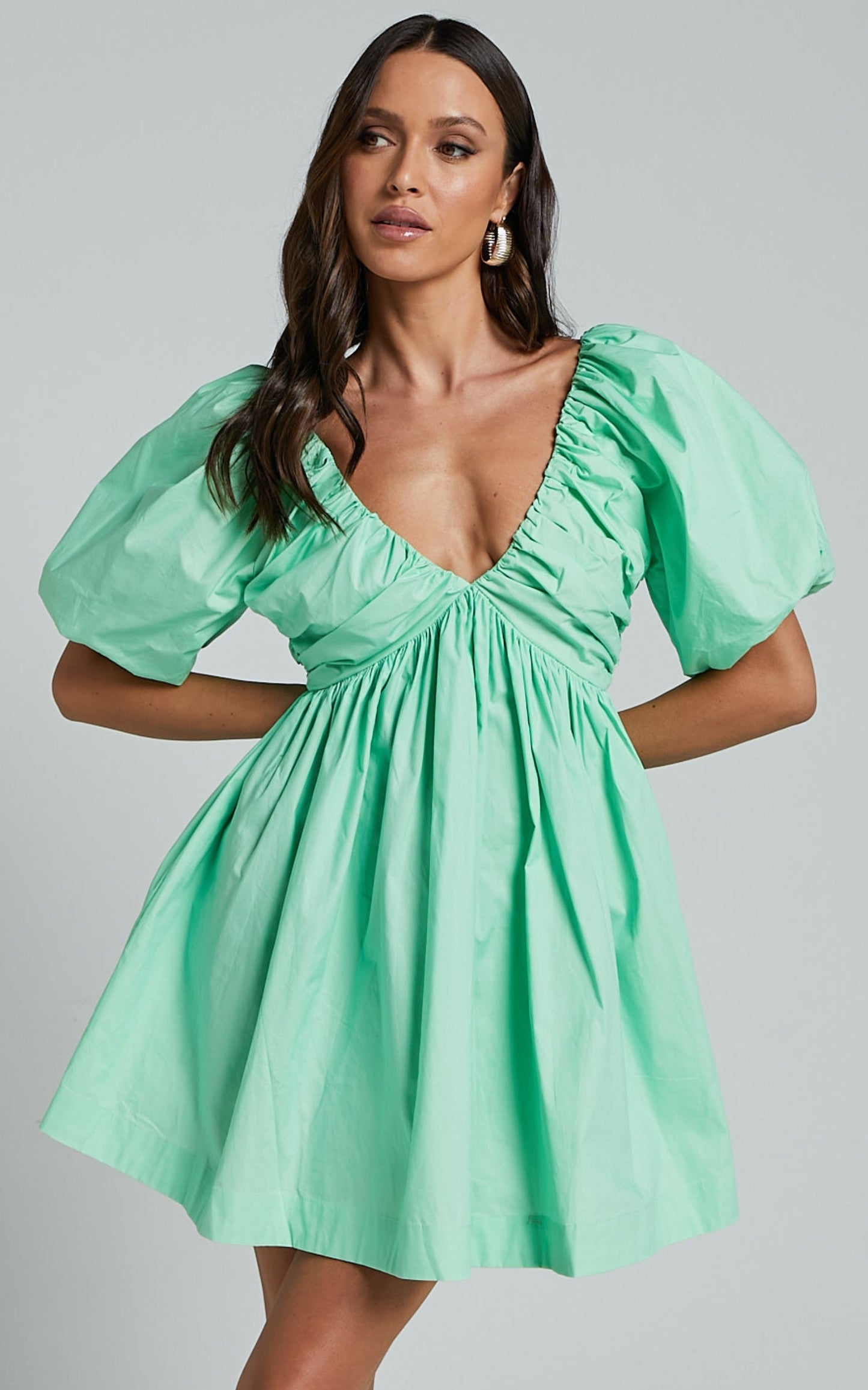 Celie Mini Dress - Puff Sleeve Empire Waist Dress in Mint Green