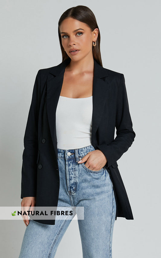 Celinee Blazer - Linen Look Double Breasted Long Sleeve Blazer in Black
