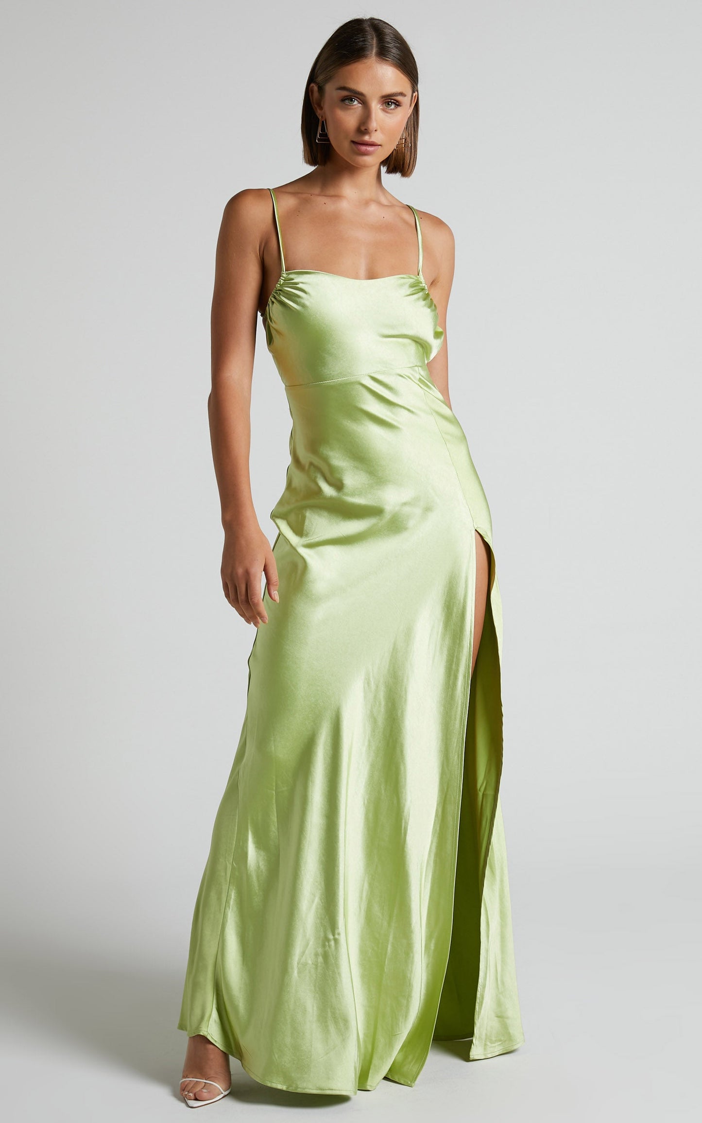 Chaila Maxi Dress - Open Back Thigh Split Satin Dress in Lime