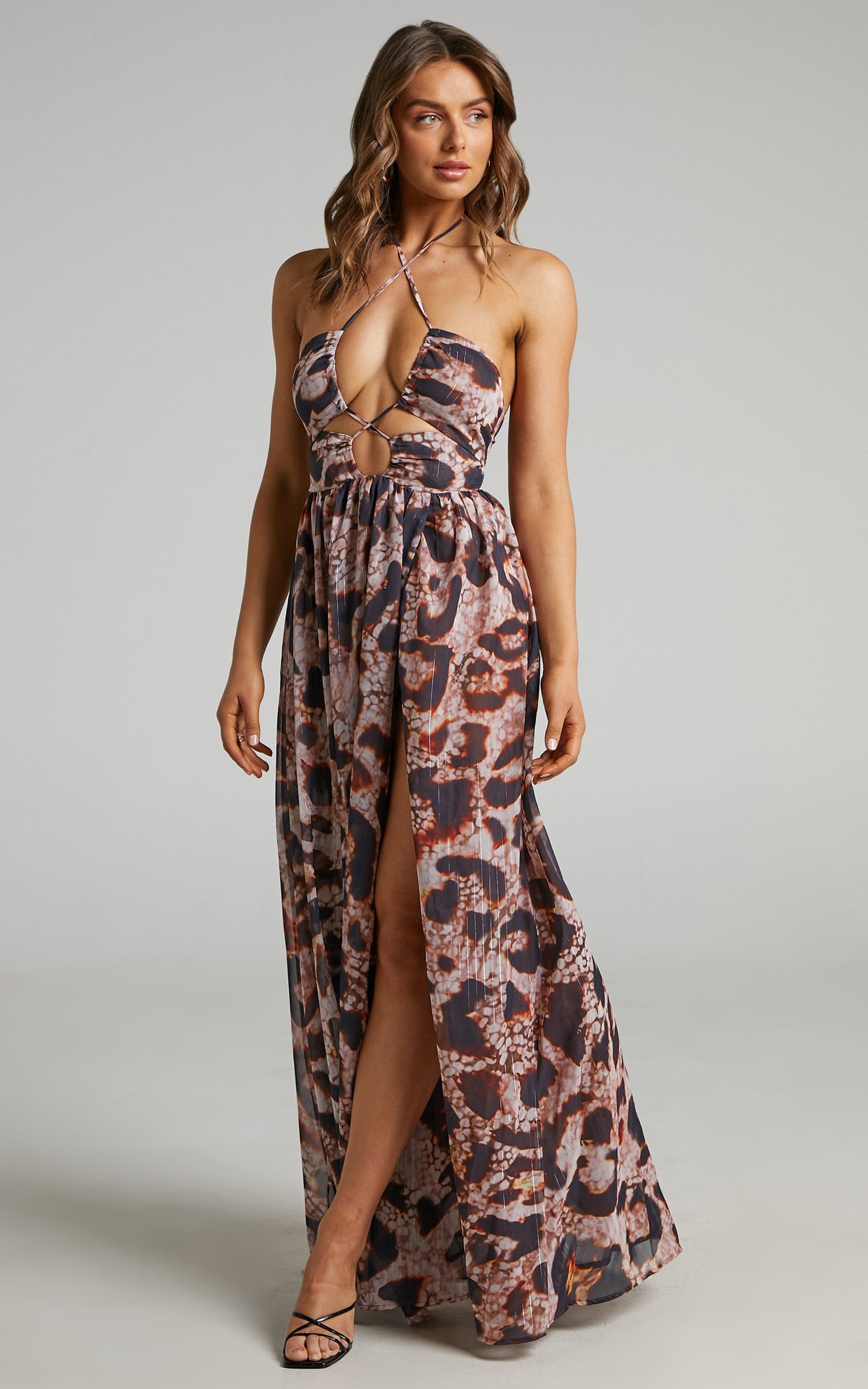 Chaimbers Midi Dress - Twist Halter Neck Dress in Leopard
