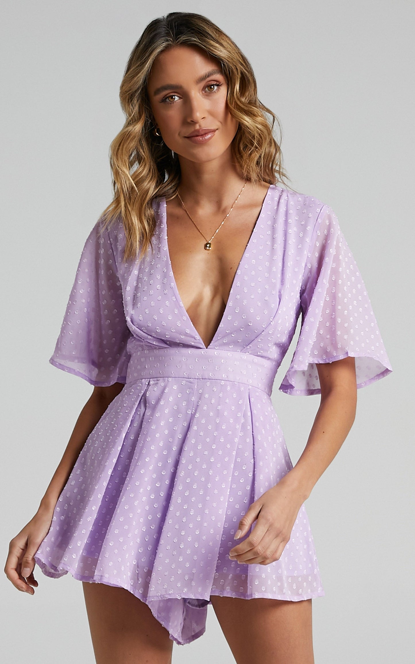 Chains Hit My Chest Plunge Mini Playsuit in Lilac