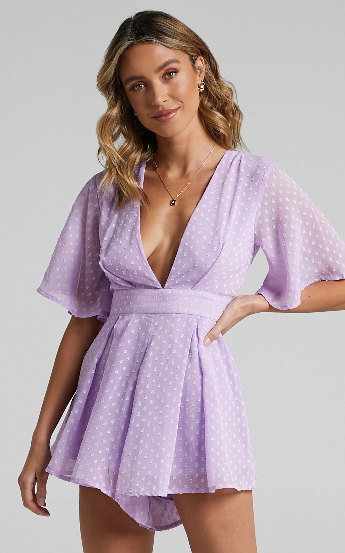 Chains Hit My Chest Plunge Mini Playsuit in Lilac