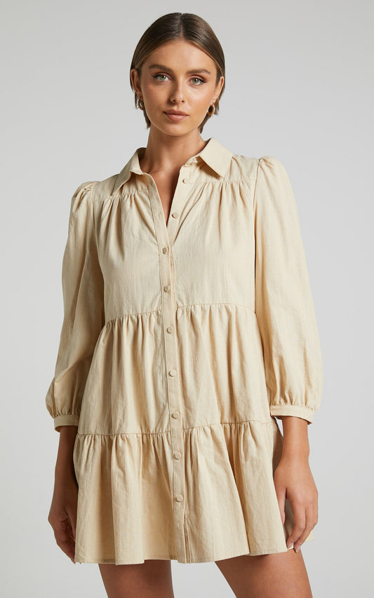 Chalmer Mini Dress - Tiered Long Sleeve Shirt Dress in Sand