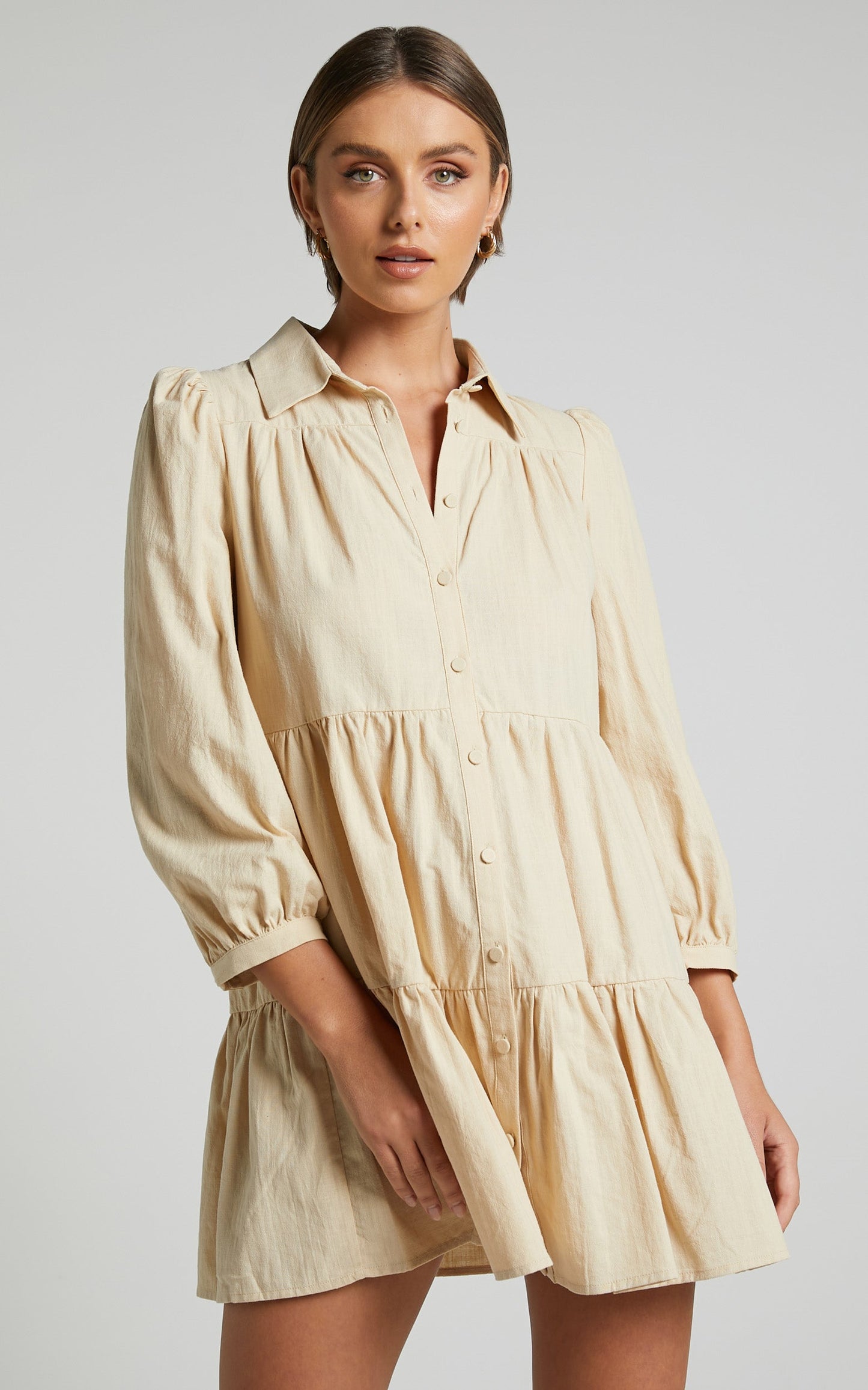 Chalmer Mini Dress - Tiered Long Sleeve Shirt Dress in Sand