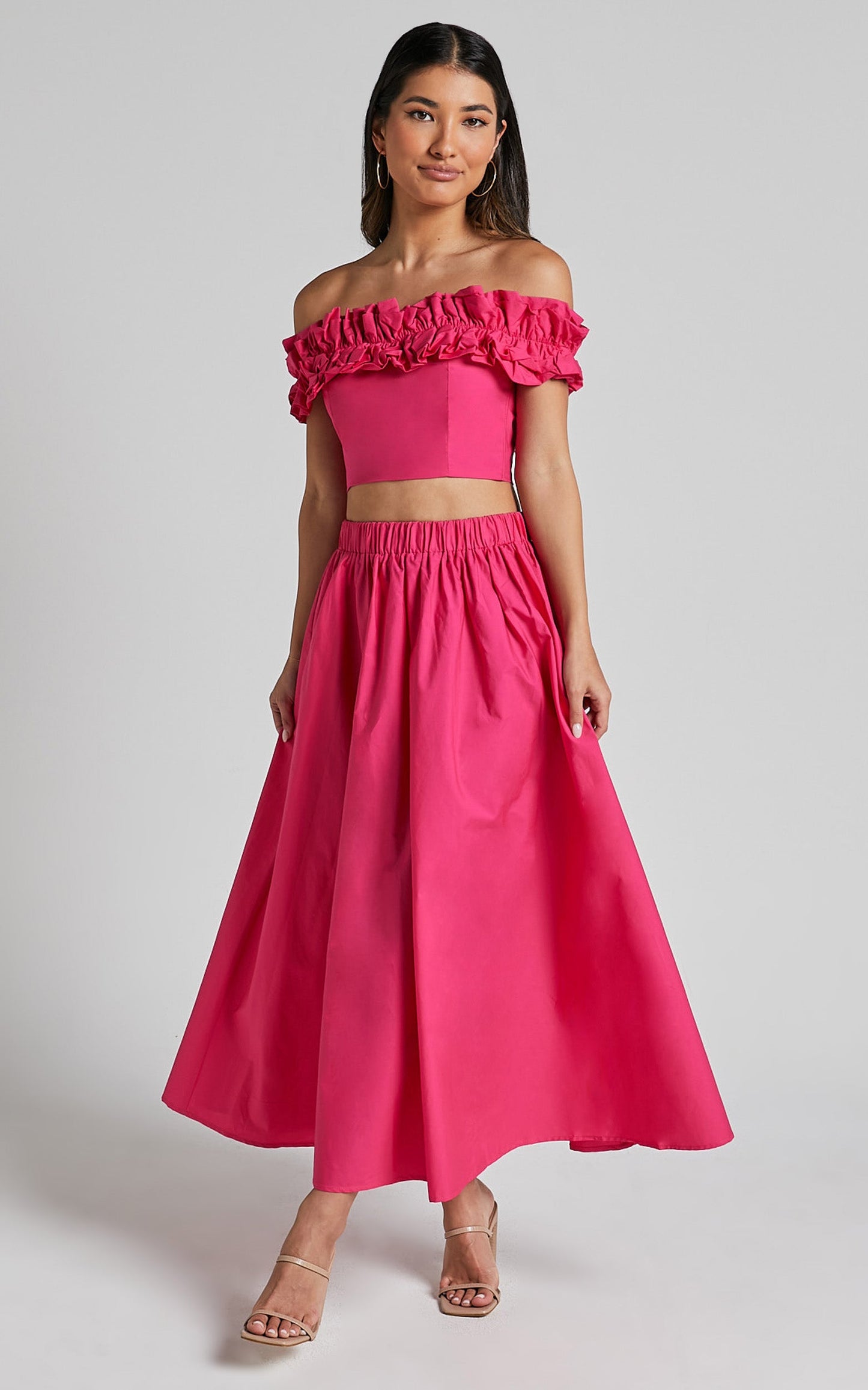 Chamonix Two Piece Set - Ruffle Strapless Crop & Midi Skirt Set in Berry
